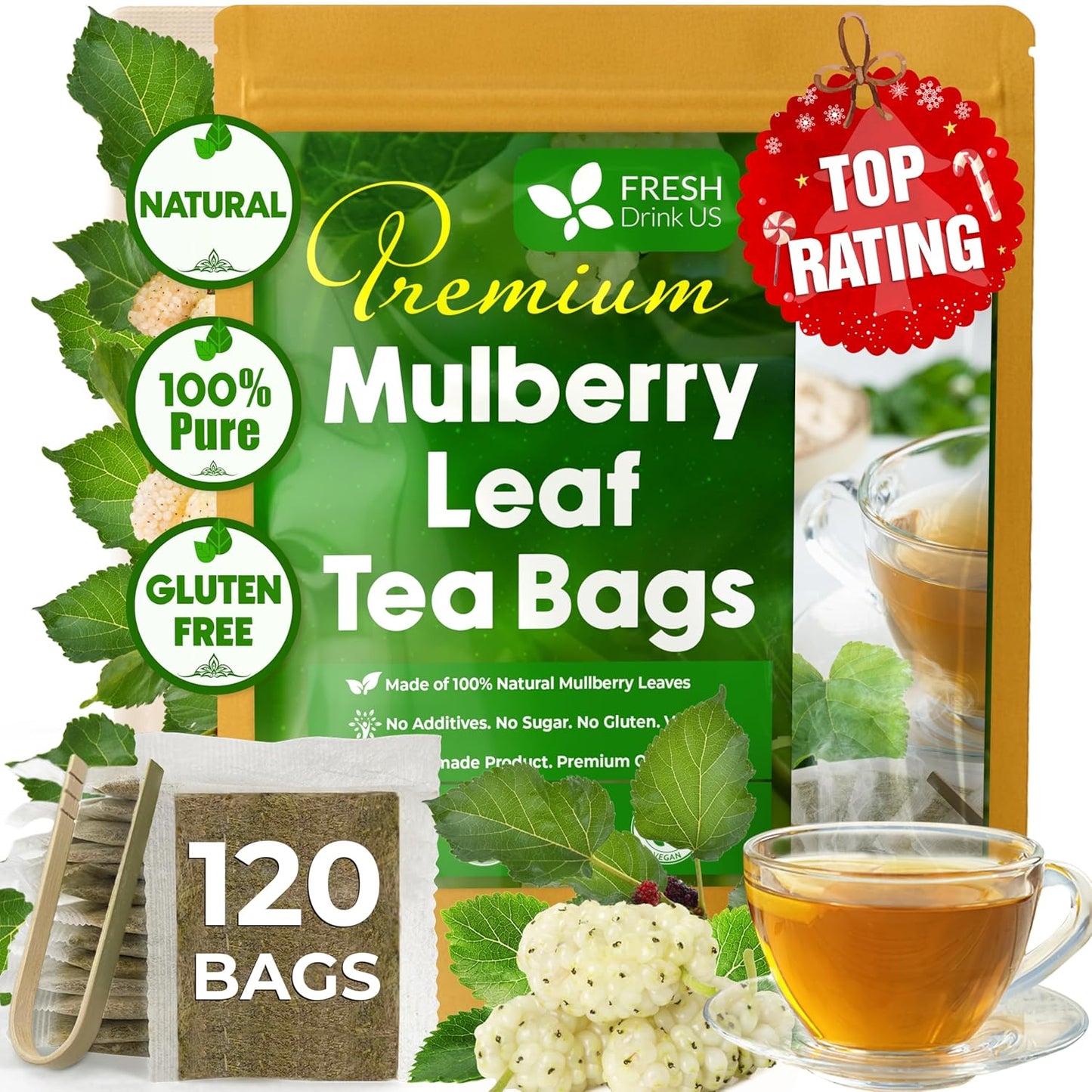Premium Mulberry Leaf Tea Bags - Sugar-Free, Caffeine-Free, Vegan