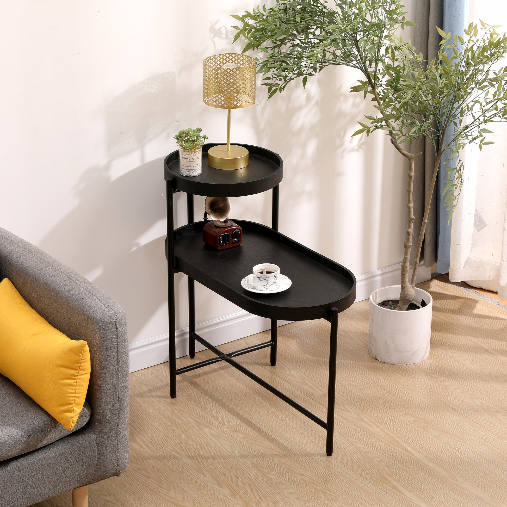2-Tier Black Side Table with Storage Sofa Table for Living Room Metal Frame & Wooden Desk End Table - Korvel