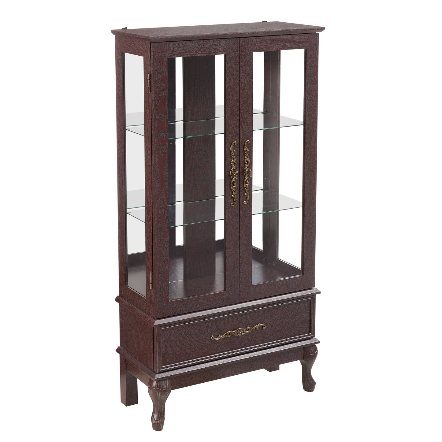 Curio cabinet lighting glass cabinet with adjustable glass frame, 2 doors and 1 drawer with light bulb, dark cherry color - Korvel