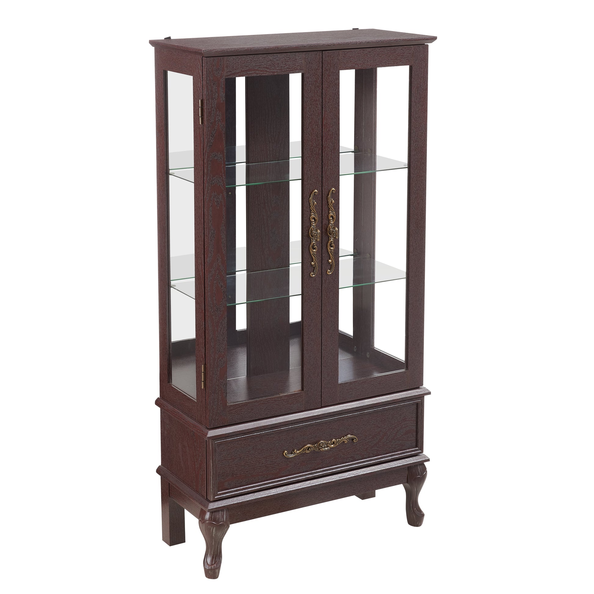 Curio cabinet lighting glass cabinet with adjustable glass frame, 2 doors and 1 drawer with light bulb, dark cherry color - Korvel