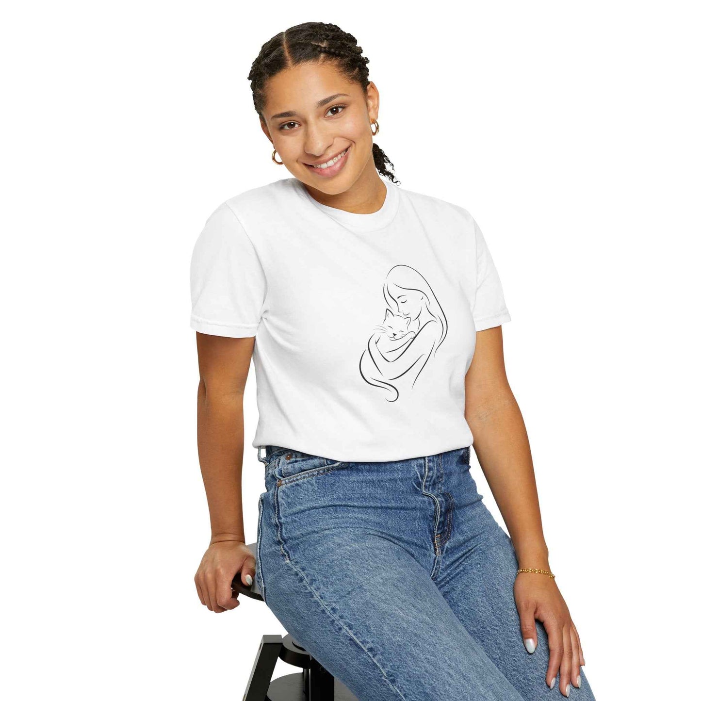 Camiseta Madre y Gato Abrazo | Camiseta Minimalista de Arte Lineal para Mamás de Gatos