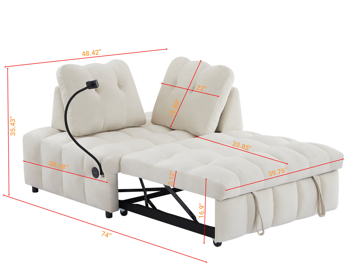 Beige Velvet Modern Sofa with Pull-Out Bed and USB Port