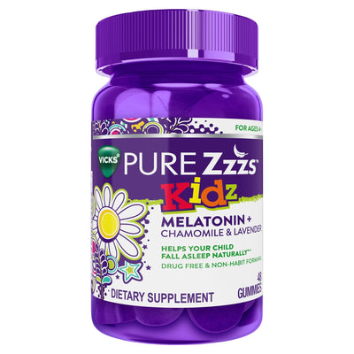 Vicks Pure ZZZs Kidz Melatonin Gummies, Baies Naturelles, 48 Compte