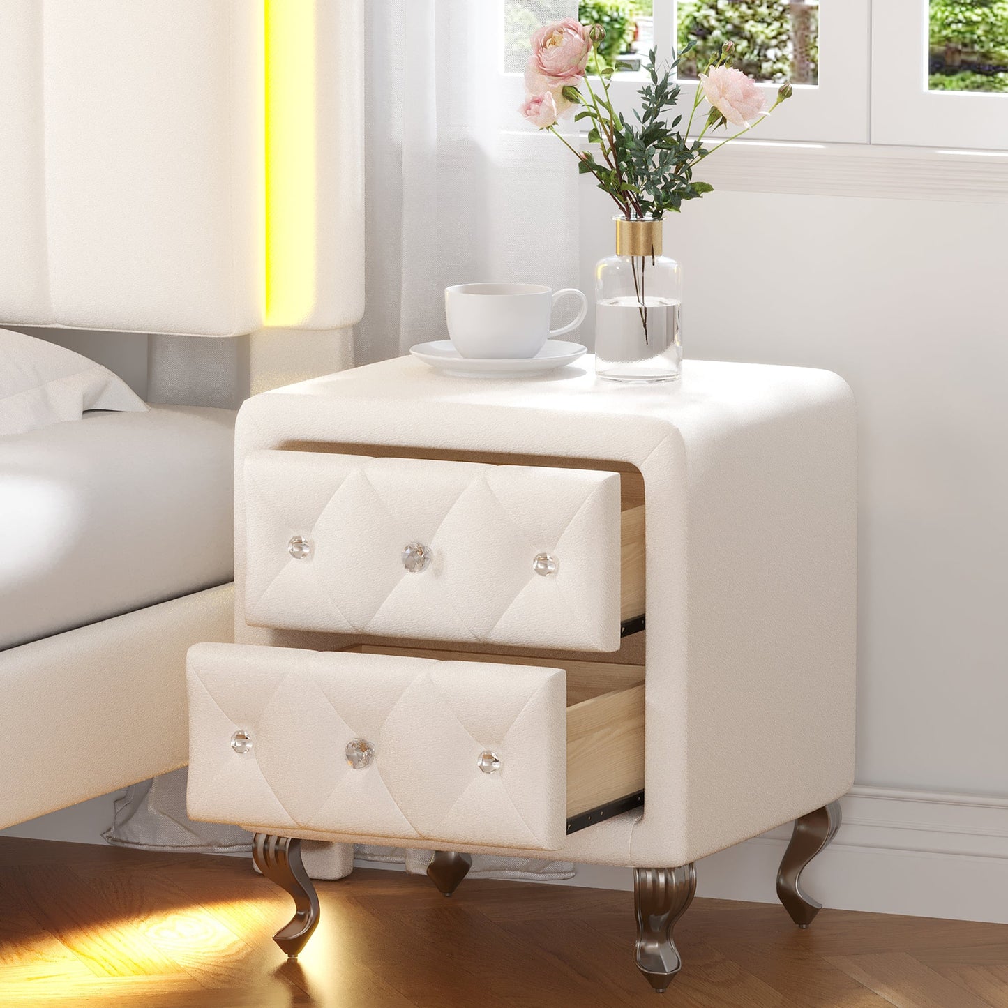 Elegant PU bedside table with 2 drawers and crystal handles, storage with metal legs - white - Korvel