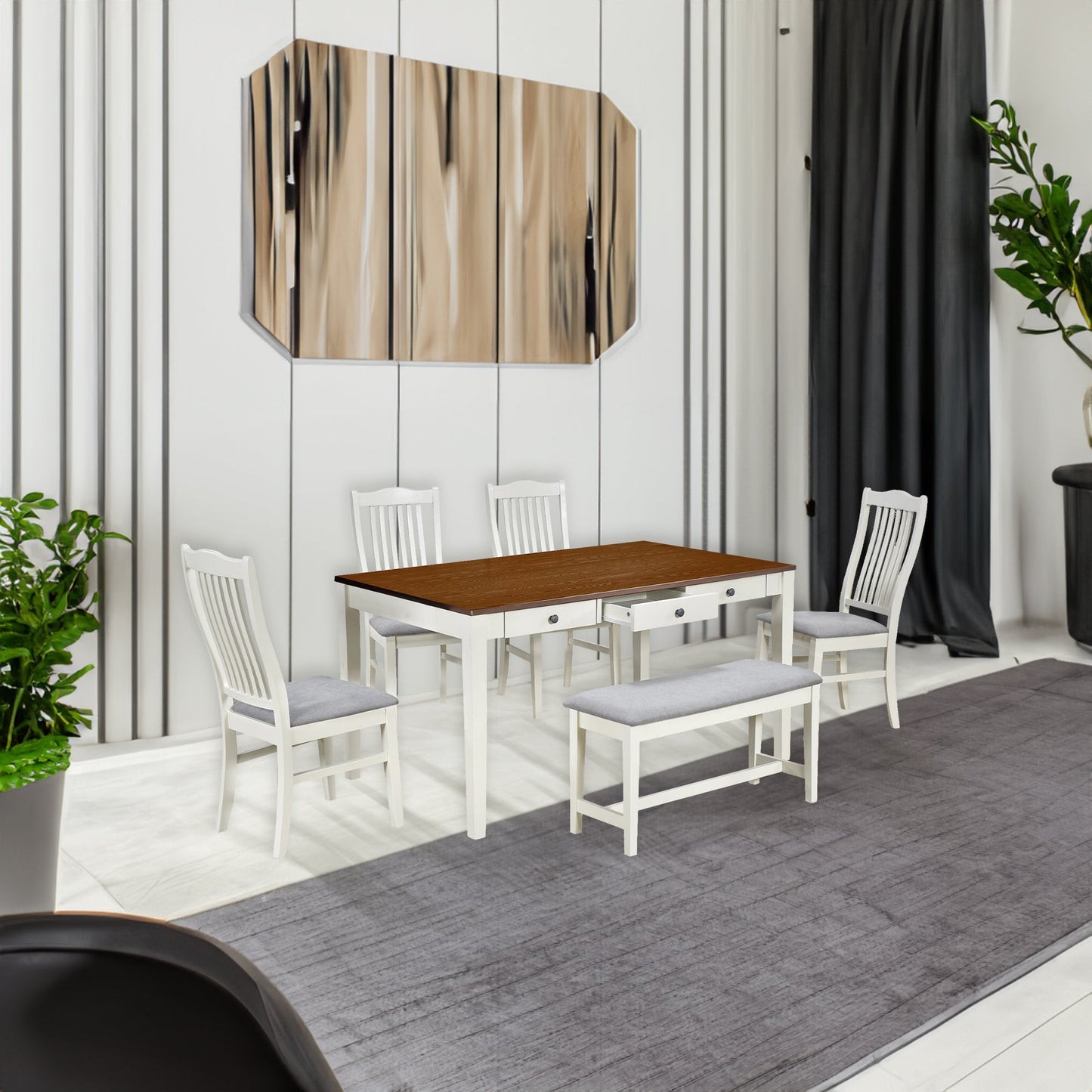 Conjunto de Mesa de Comedor de Madera de 6 Piezas TOPMAX de Estilo Mid-Century