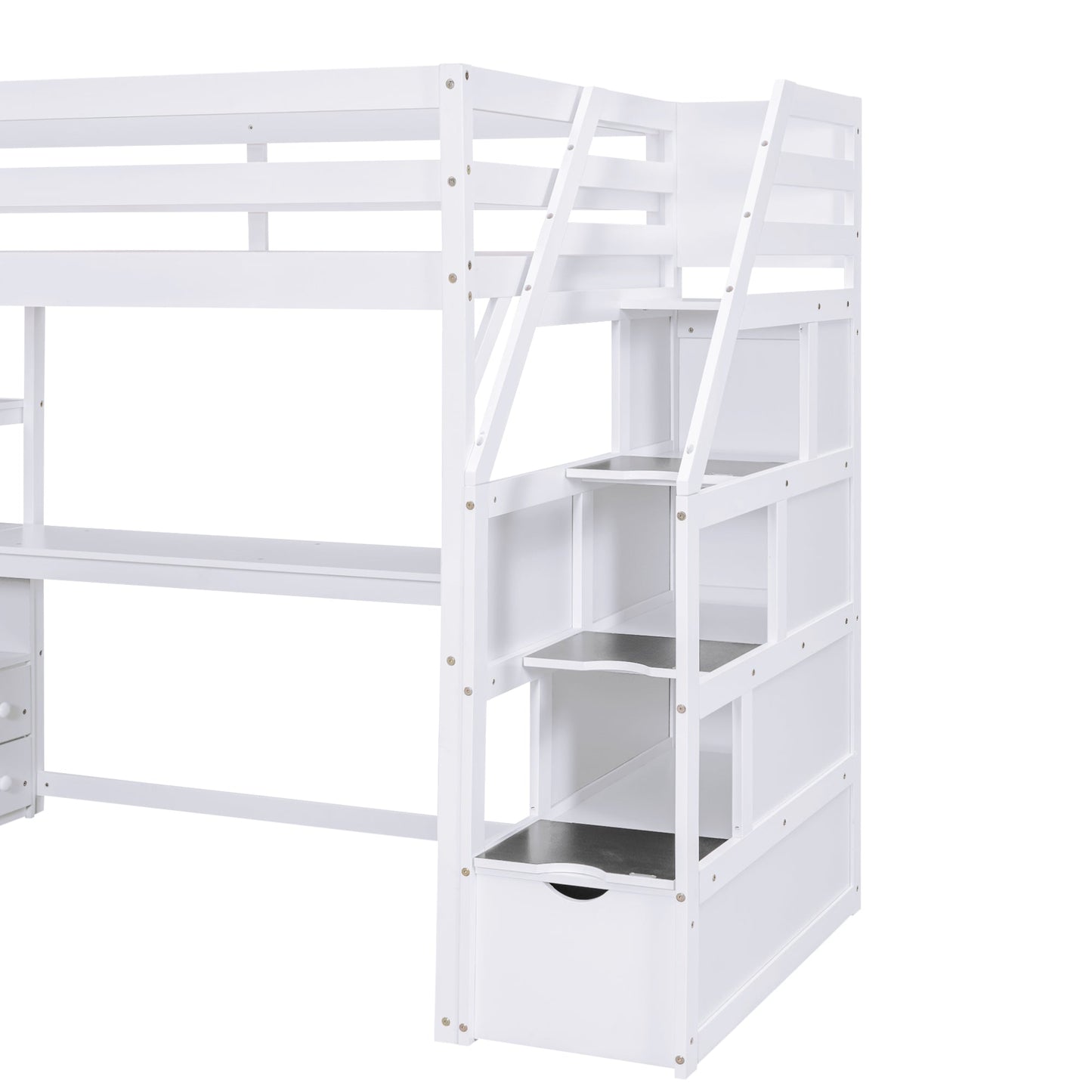 Twin Size Loft Bed with Desk and Shelves  Two Built-in Drawers  Storage Staircase White - Korvel