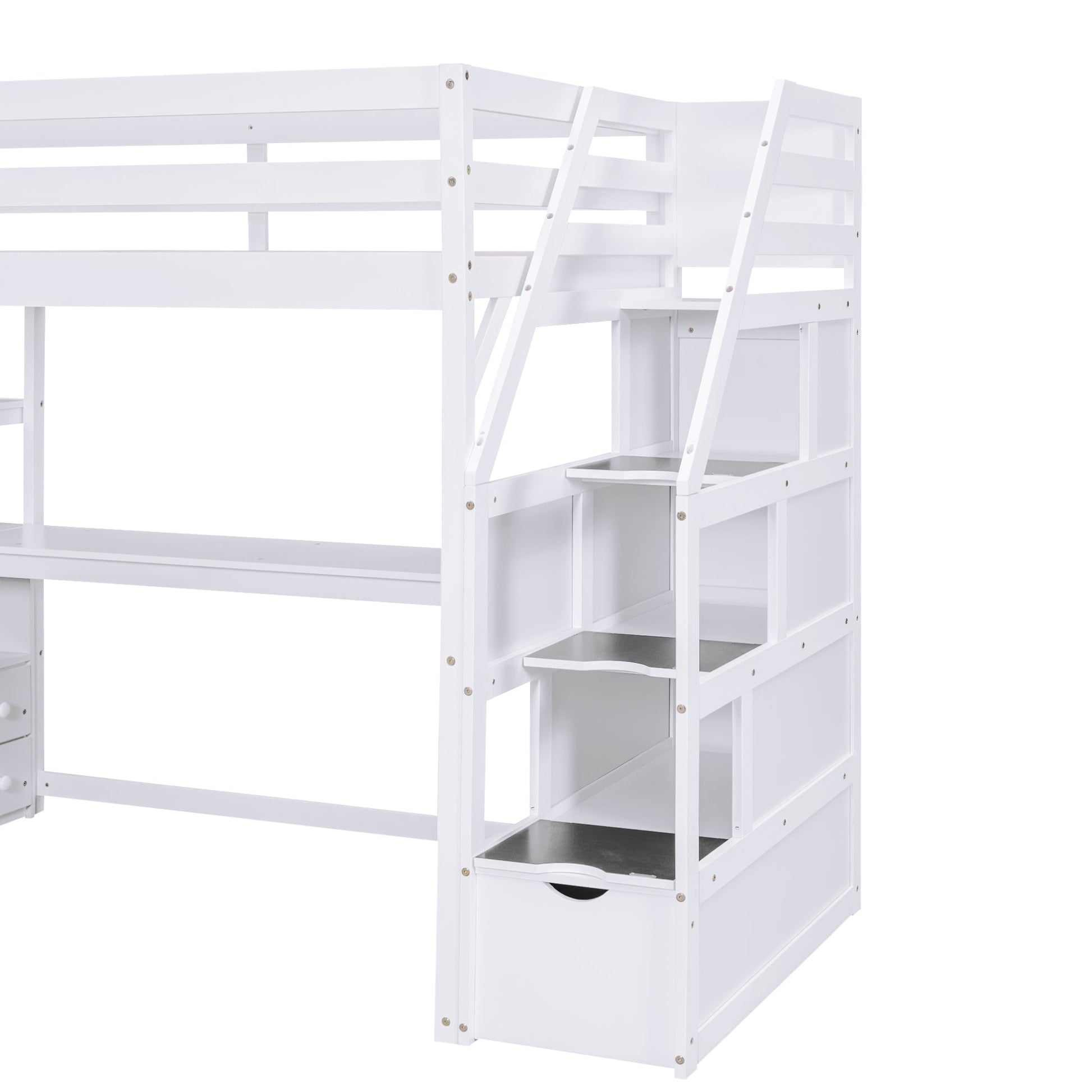 Twin Size Loft Bed with Desk and Shelves  Two Built-in Drawers  Storage Staircase White - Korvel