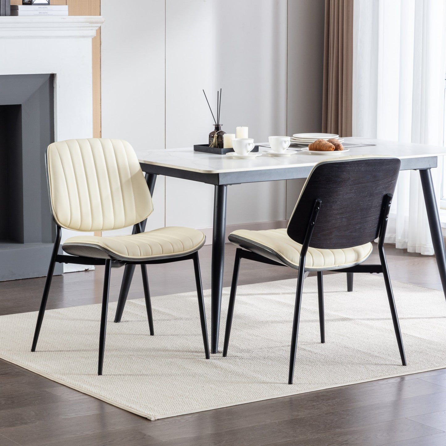 2-piece retro linen chair set with curved wooden backrest, cushioned seat, adjustable metal legs, (Beige PU) - Korvel