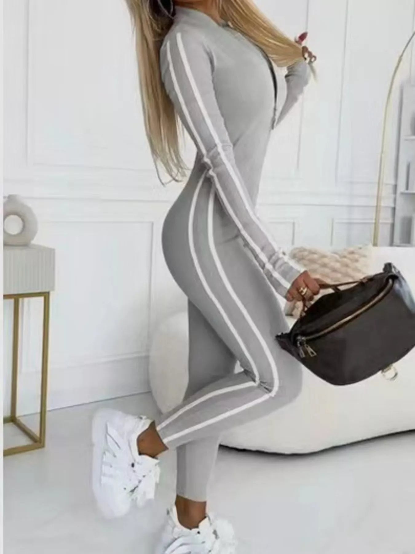 Plus Size Stripe Zip-Front Long Sleeve Jumpsuit