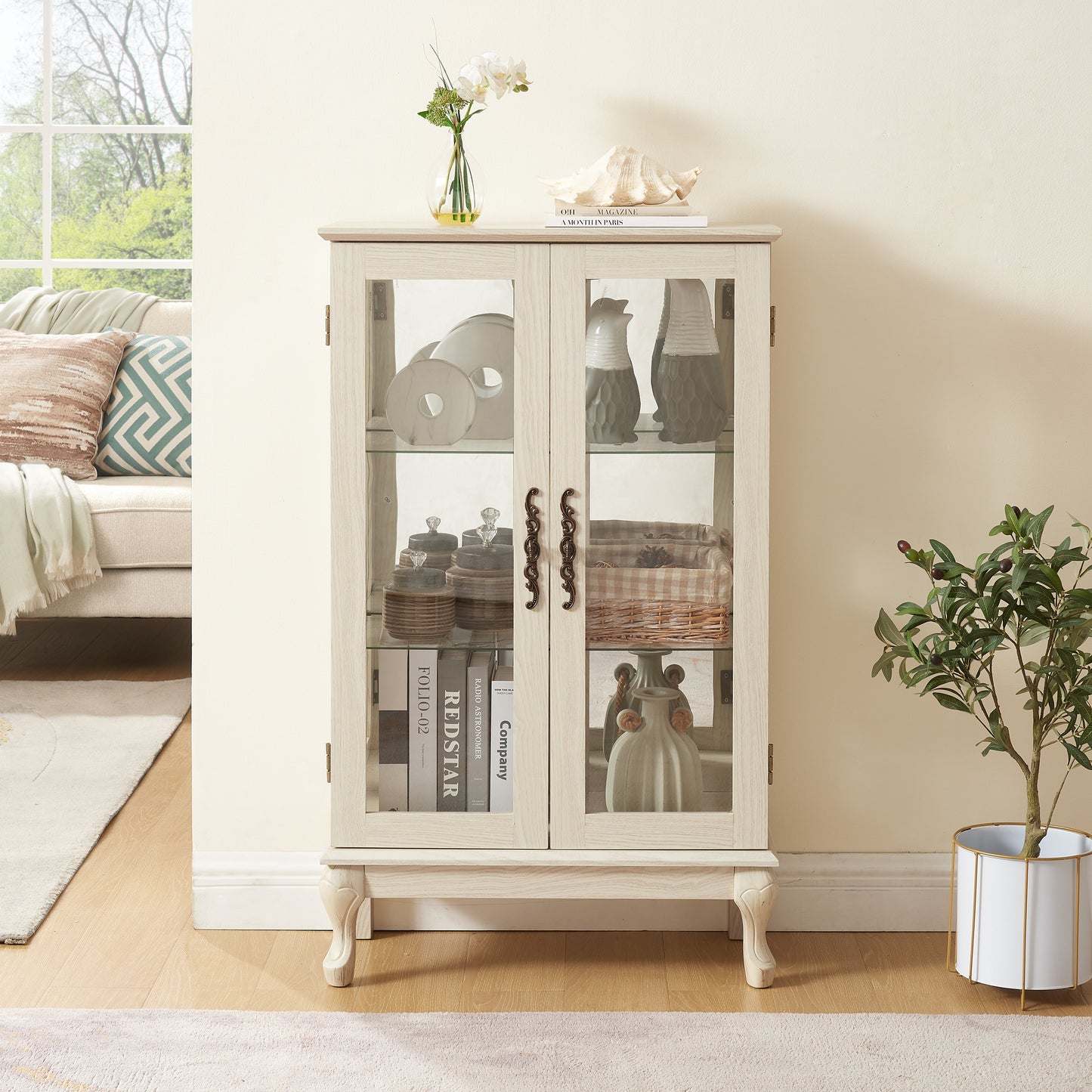 Dual door Curio cabinet with tempered glass door mirror back panel and adjustable shelf display cabinet with light bulbs, white - Korvel
