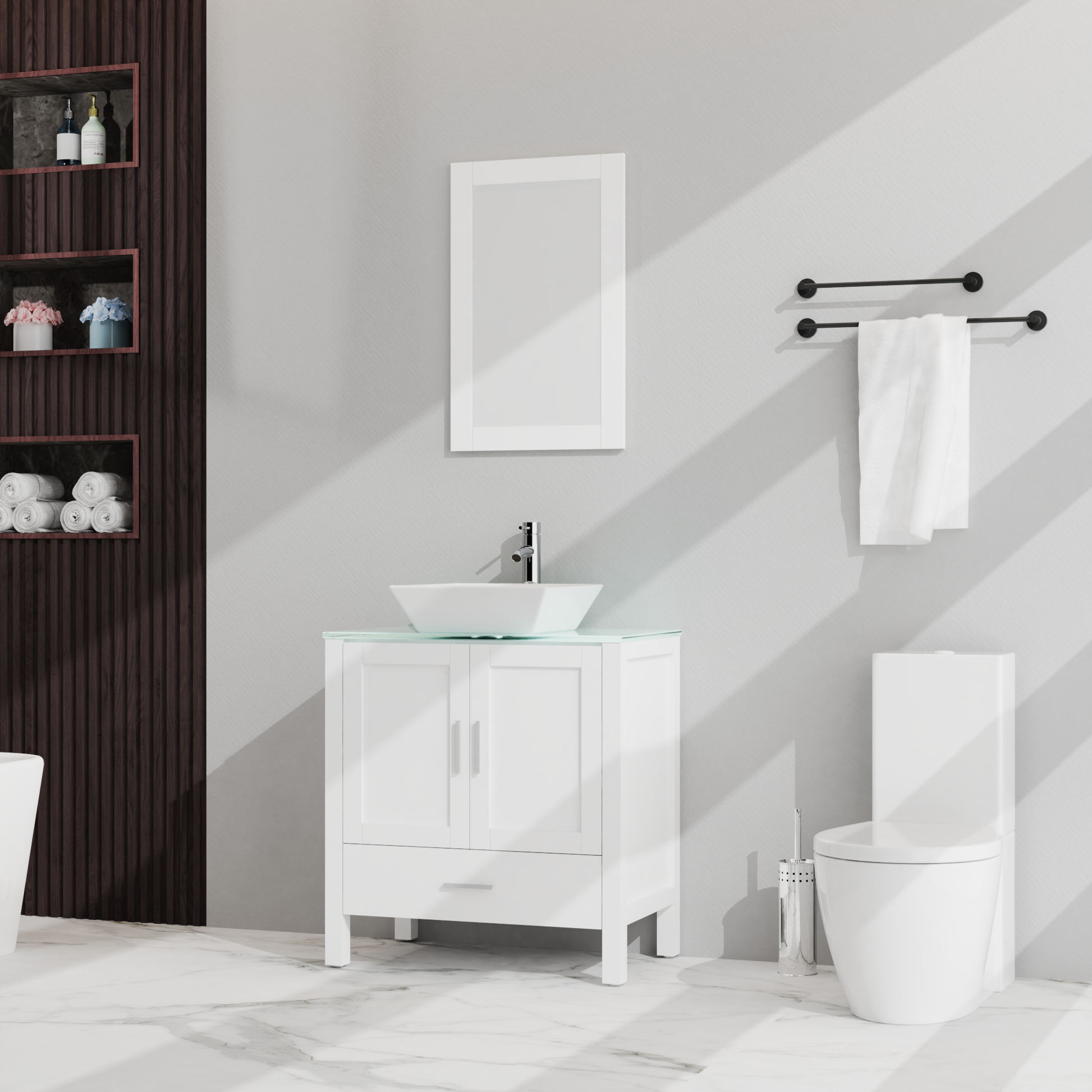 Goodyo 30" Bathroom Vanity and Sink Combo Glass Top Cabinet w/Mirror, White - Korvel