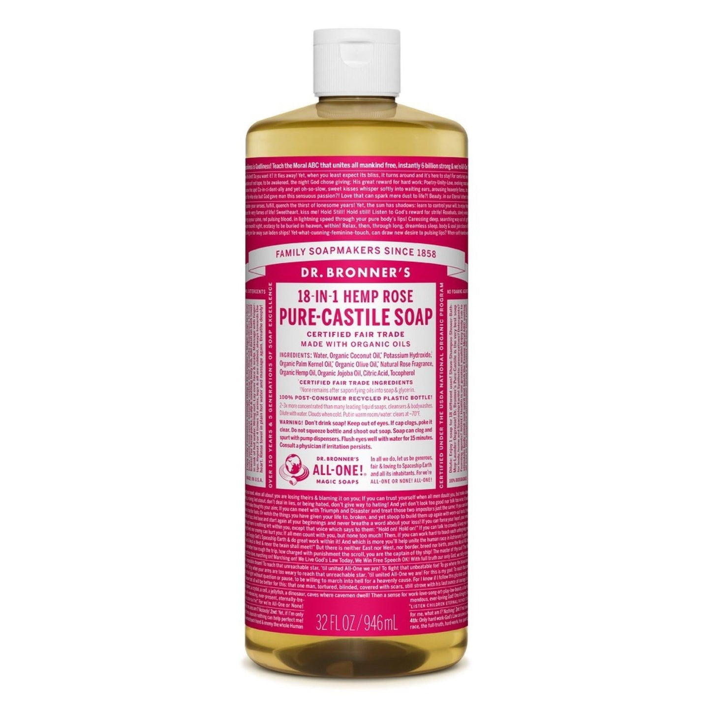 Savon liquide pur de Castille biologique 18-en-1 à base de chanvre Dr. Bronner's - Rose 8 Fl. Oz