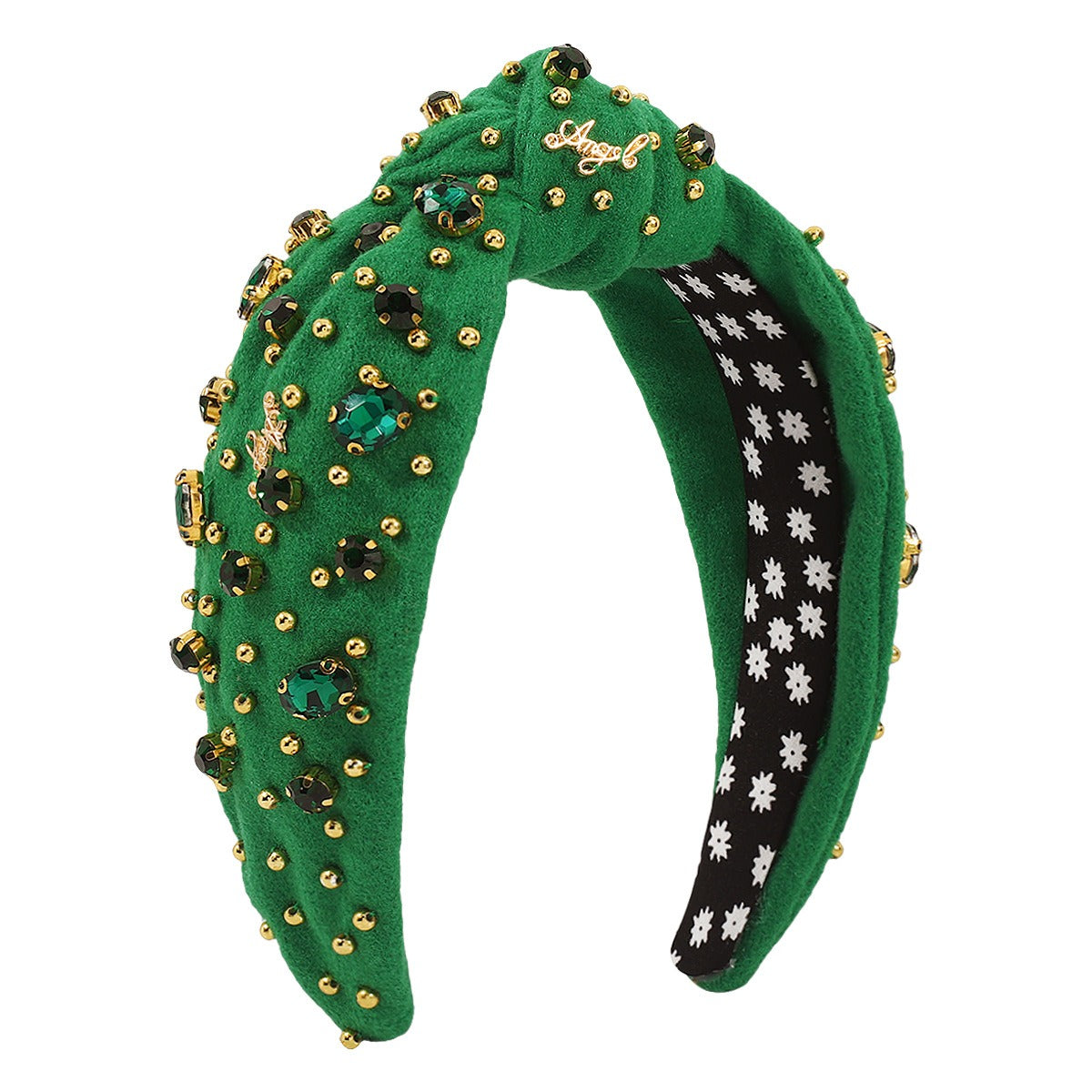Retro Wide Edge Knot Bead Water Diamond Plush Fabric Thickened Letter Hair Hoop - Korvel