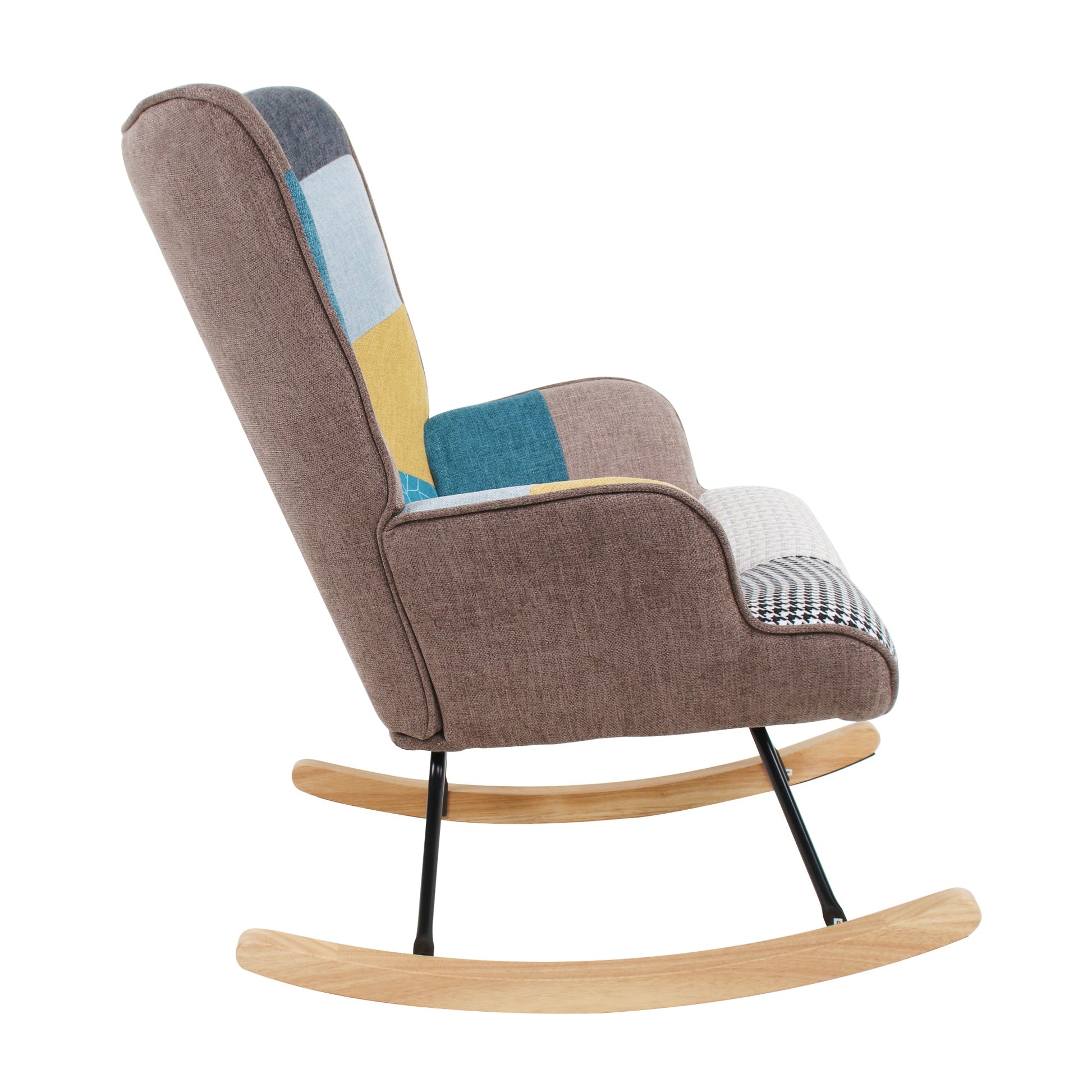 Rocking Chair with ottoman, Mid Century Fabric Rocker Chair with Wood Legs and Patchwork Linen for Livingroom Bedroom - Korvel
