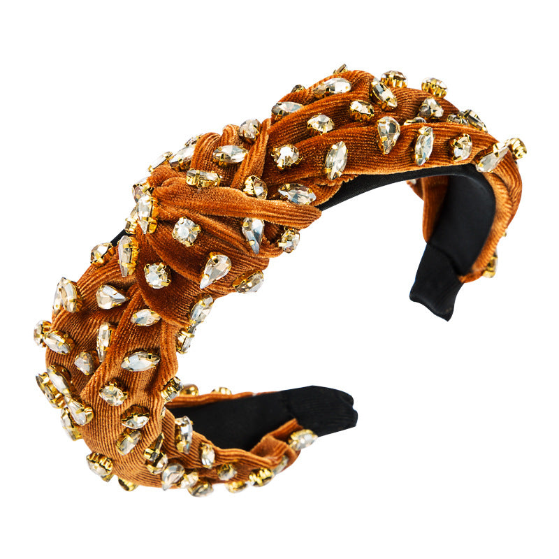 Exaggerated Fashion Hair Bands Female Corduroy Temperament Sweet Hair Ornaments Wide Side Knotted With Diamonds Headband - Korvel