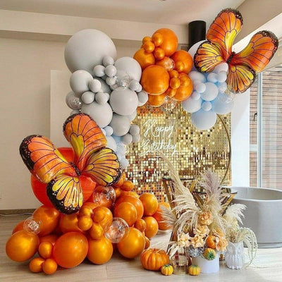 123Pcs Orange Gray Blue Butterfly Foil Helium Balloons Set