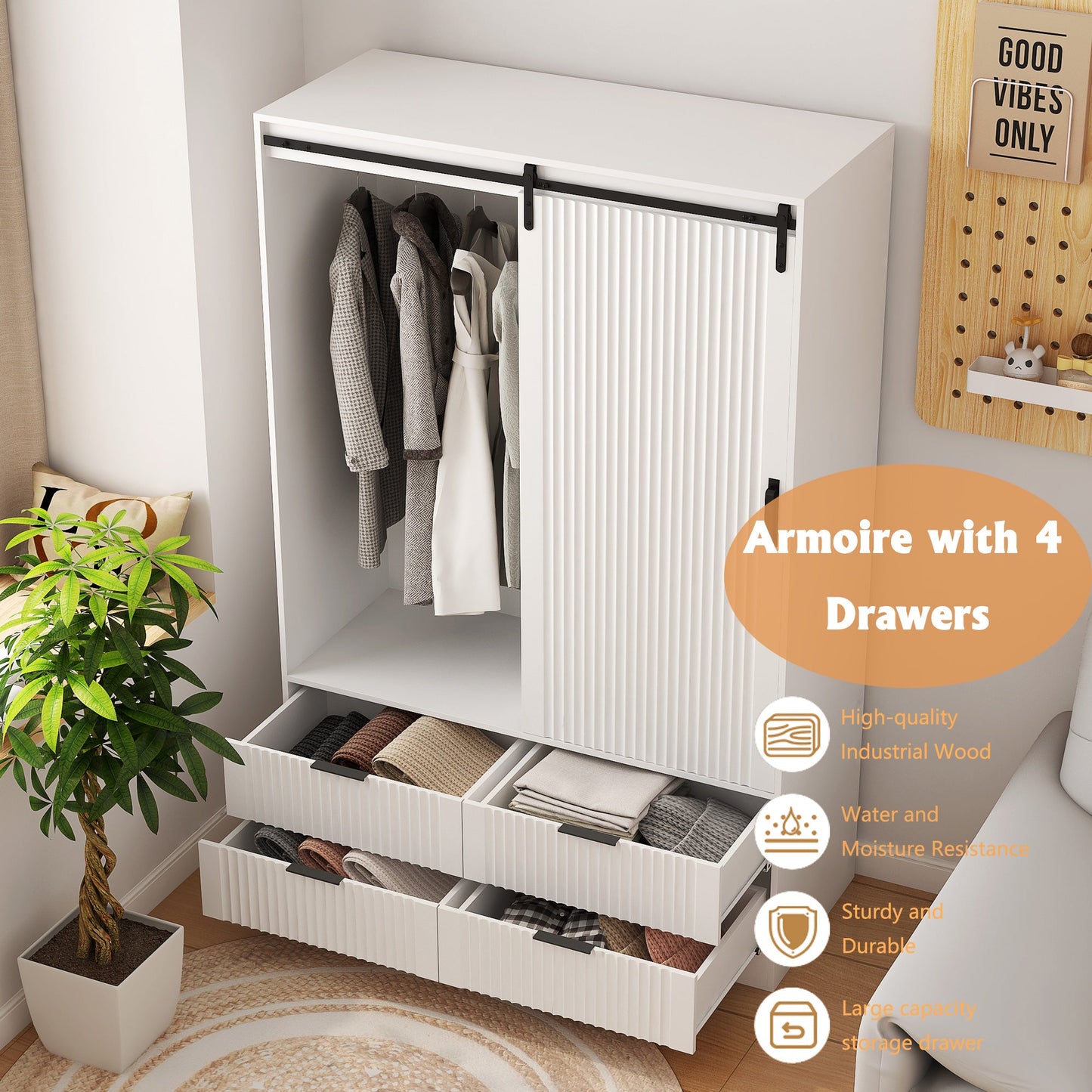 Tall Bedroom Armoire Wardrobe Closet Clothing Storage Cabinet with Hanging Rod Barn Door Drawers Open Shelves,White - Korvel