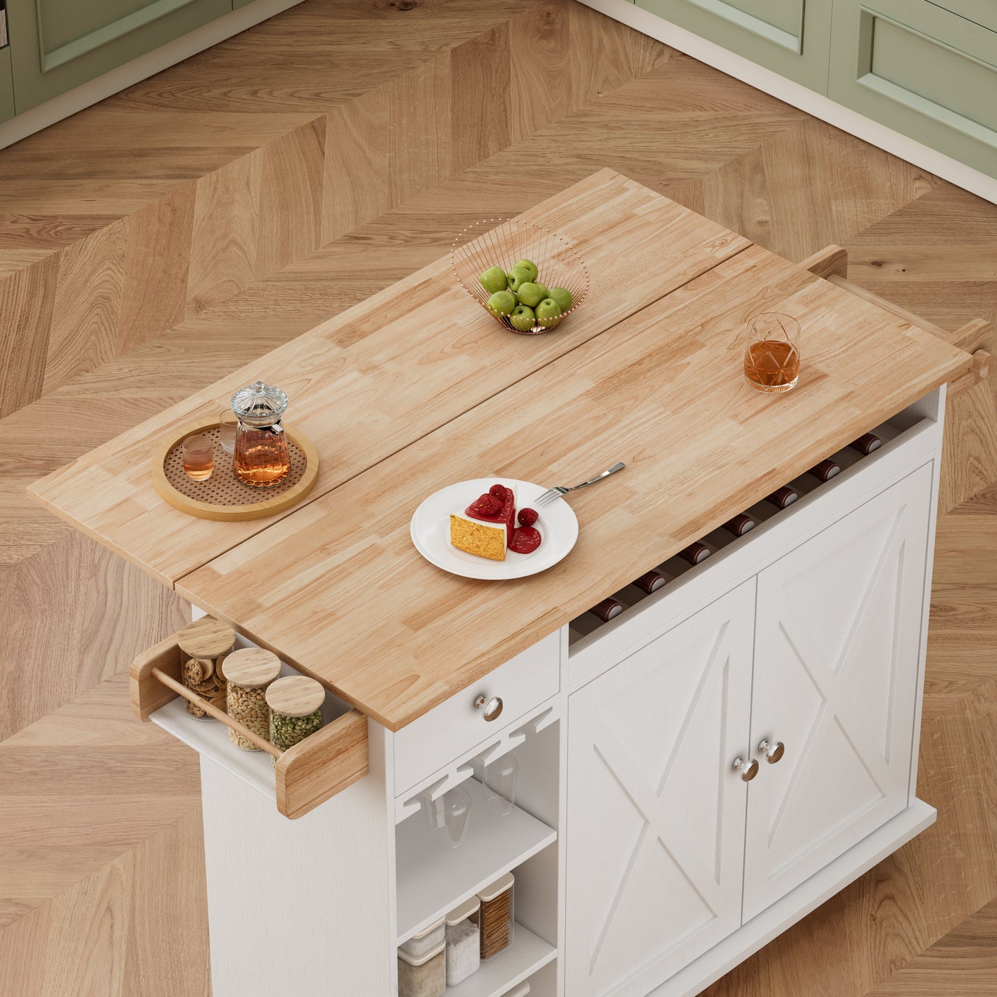 44 Inch Kitchen Island Cart with Solid Wood Top, Wine Storage, Spice Rack, Towel Rack, Wine Glass Holder White & Oak - Korvel