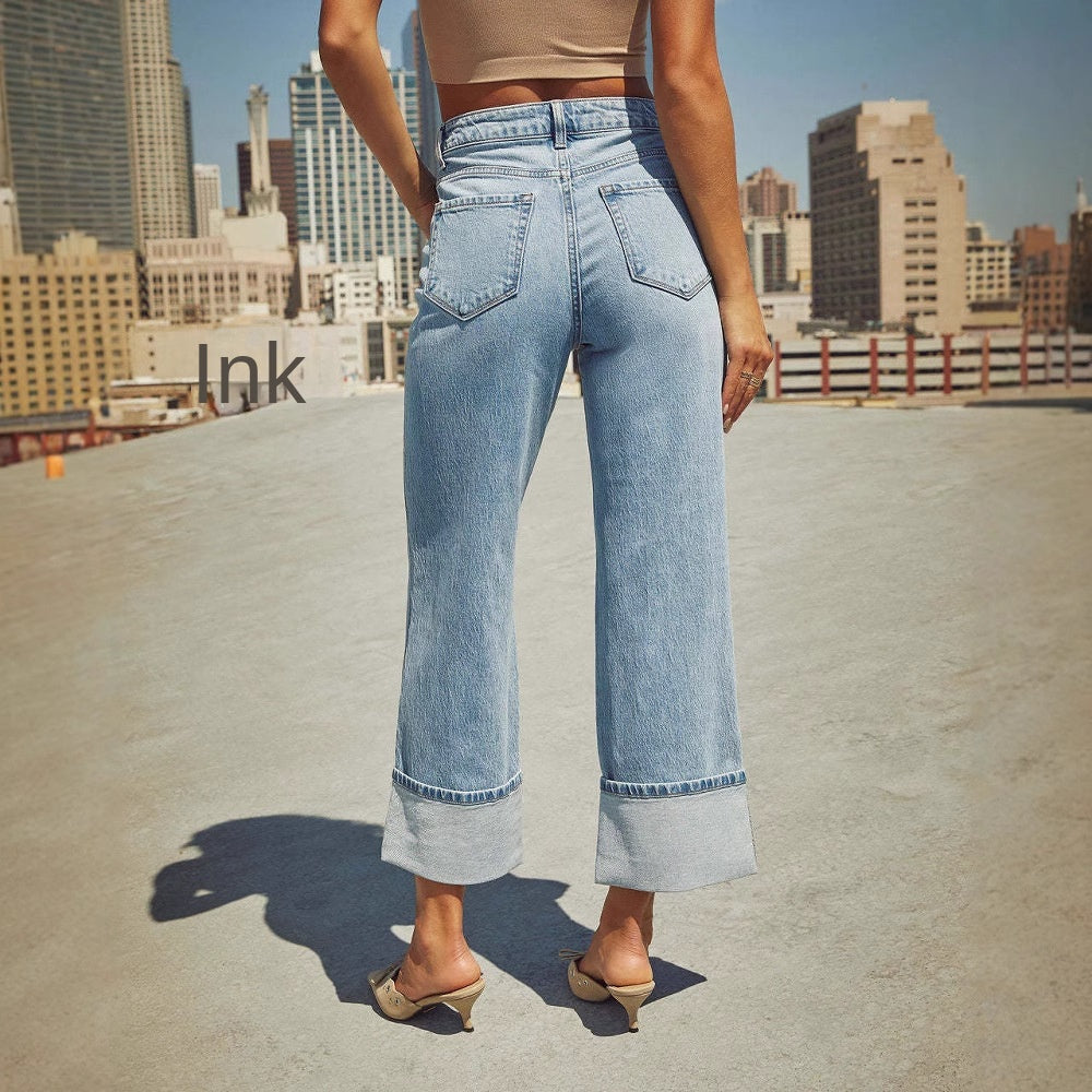 Straight leg jeans women's retro rolled edge high waisted pants - Korvel