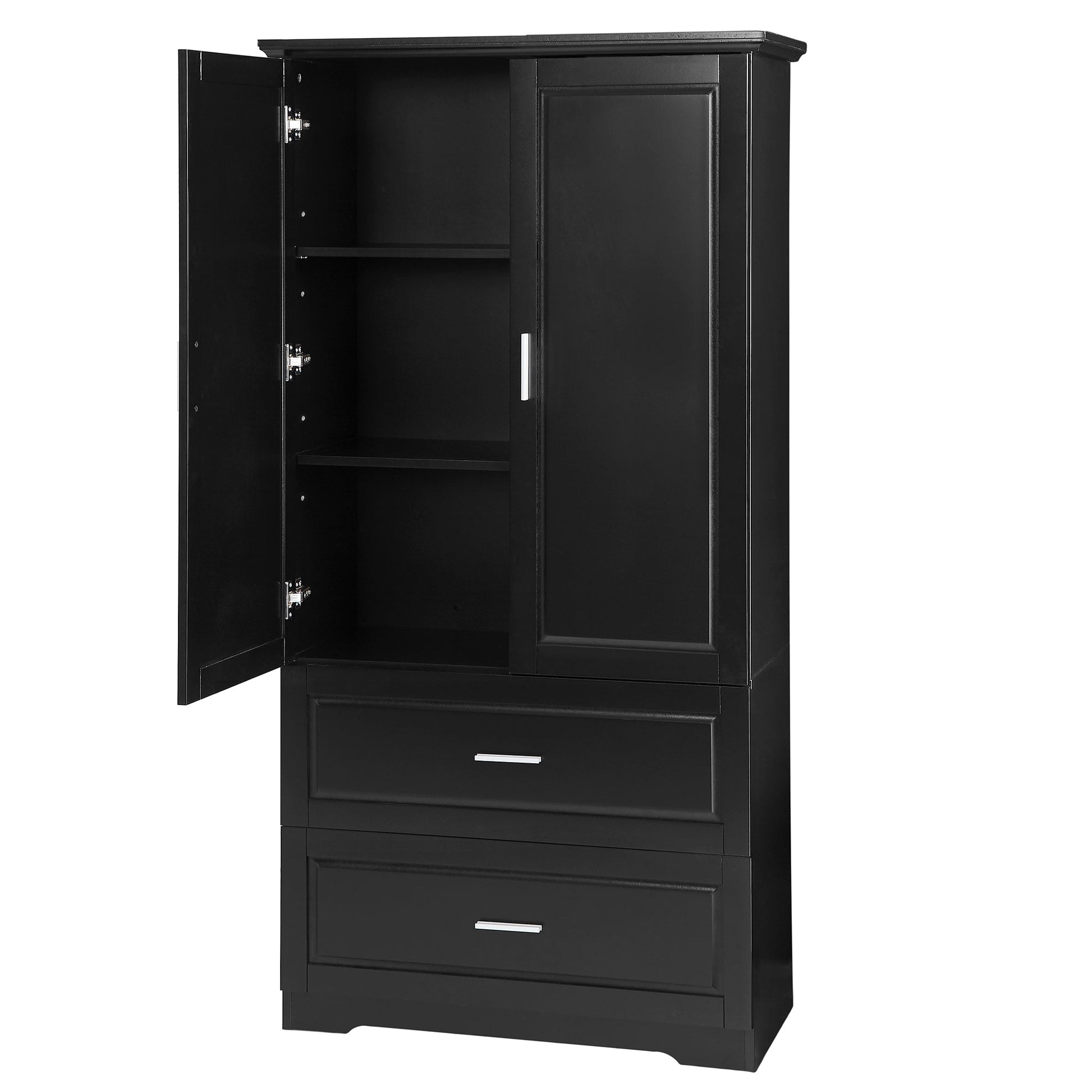 Tall Bathroom Storage Cabinet, Cabinet with Two Doors and Drawers, Adjustable Shelf, MDF Board, Black - Korvel