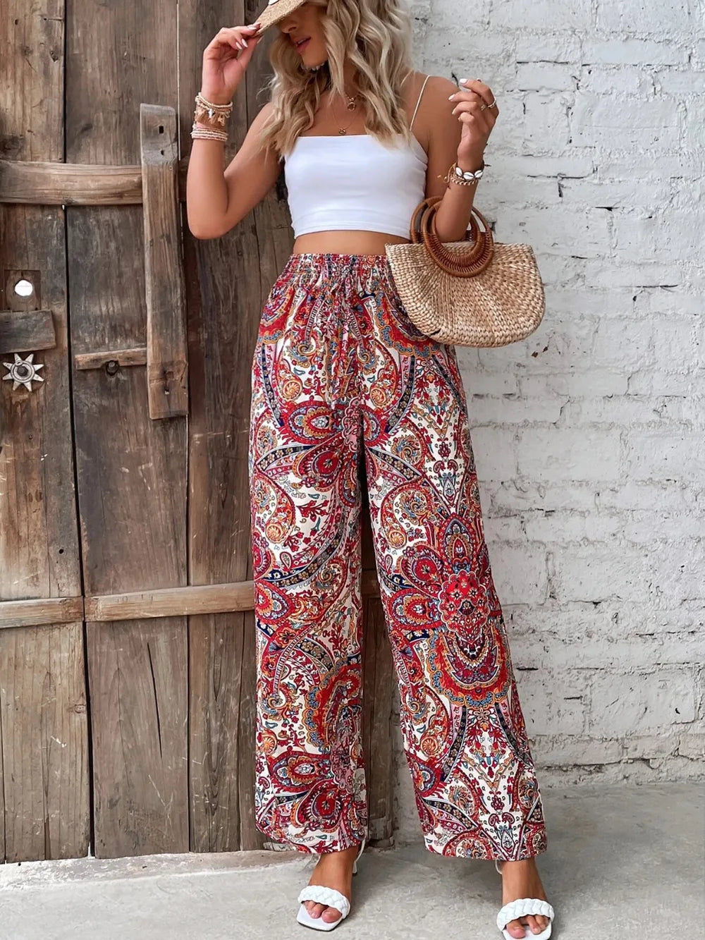 Printed Wide Leg Pants - Korvel
