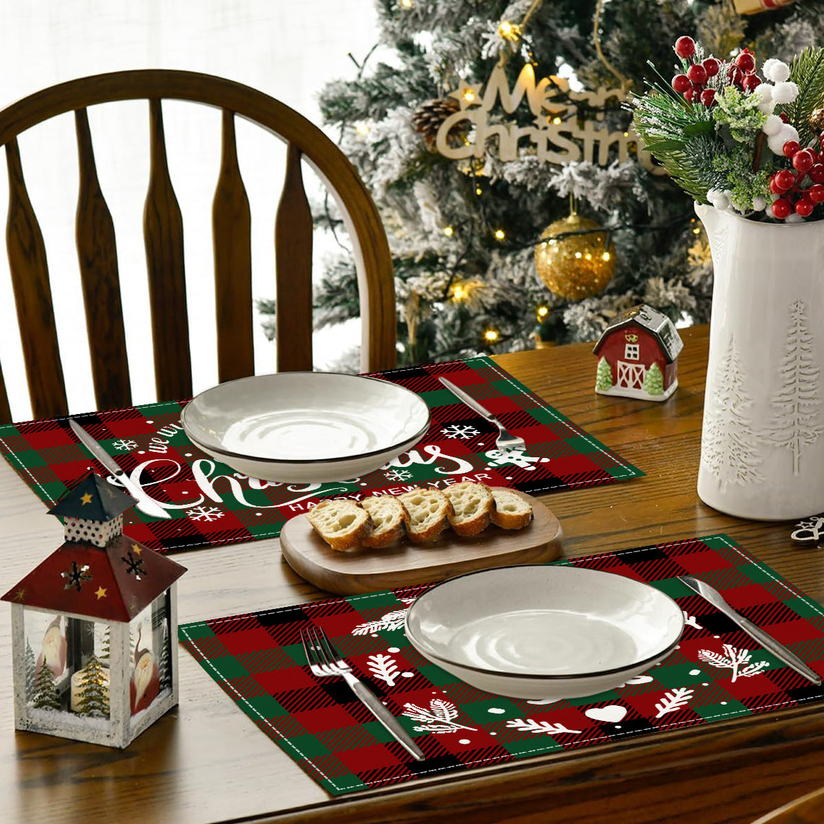 Christmas Tree Elk Printed Meal Mat Christmas Striped Checkered Table Mat White Hemp Western Food Mat - Korvel