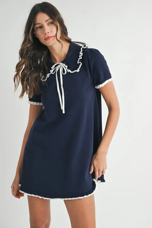 Ruffle Trimmed Collar Fine Knit Mini Dress for Women