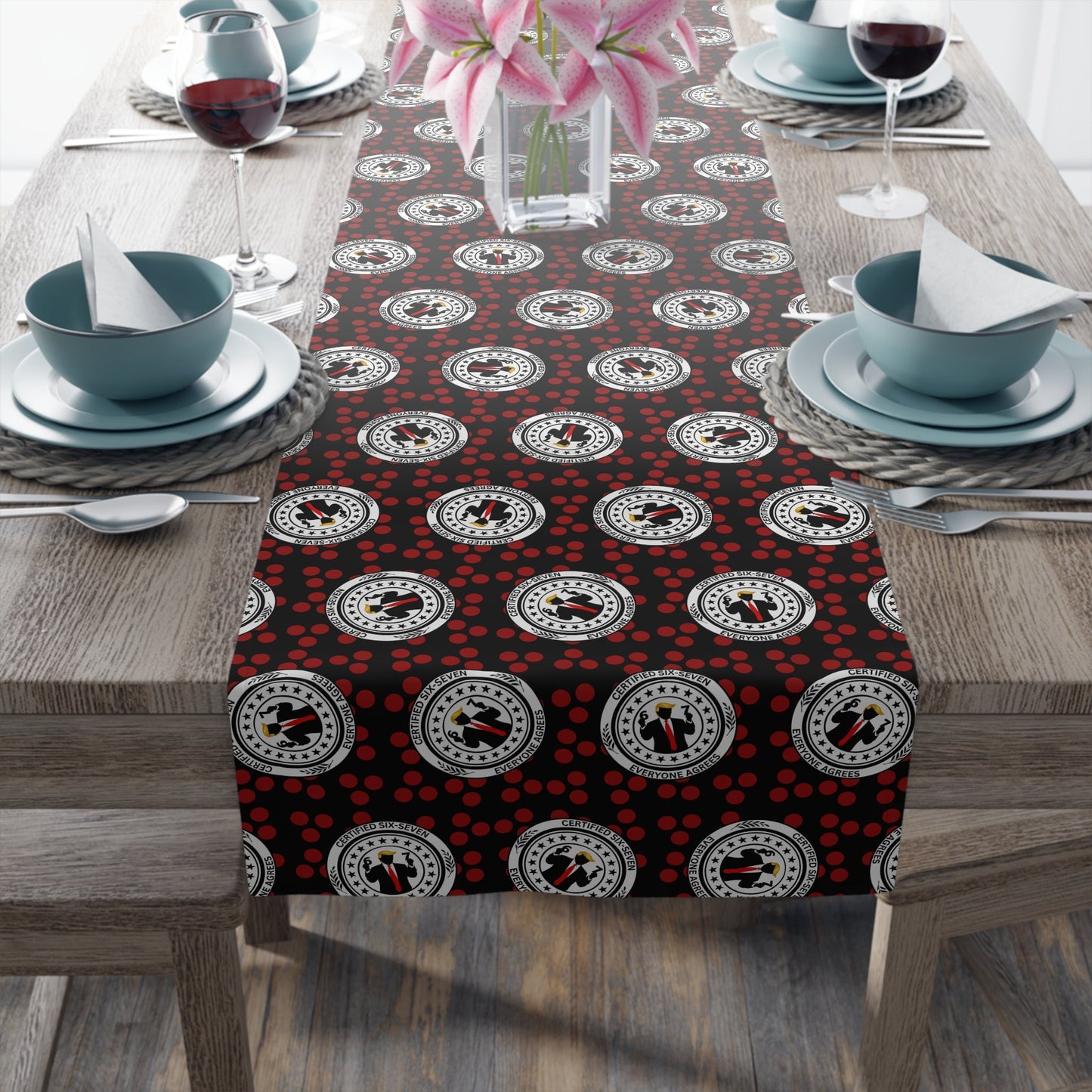 Certified Six Seven Table Runner – Political Parody Medallion Decor