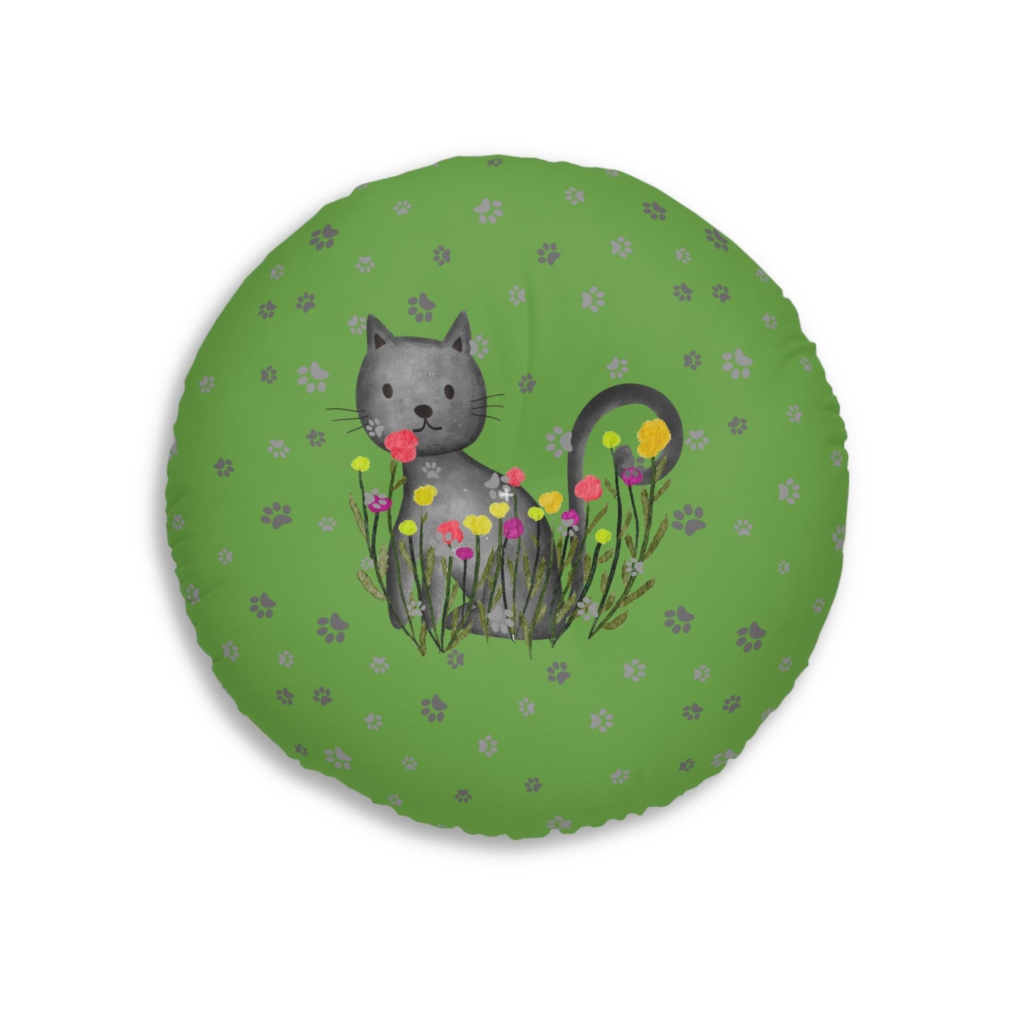 Curious Garden Cat Round Floor Pillow – Green Paw Print Accent Cushion