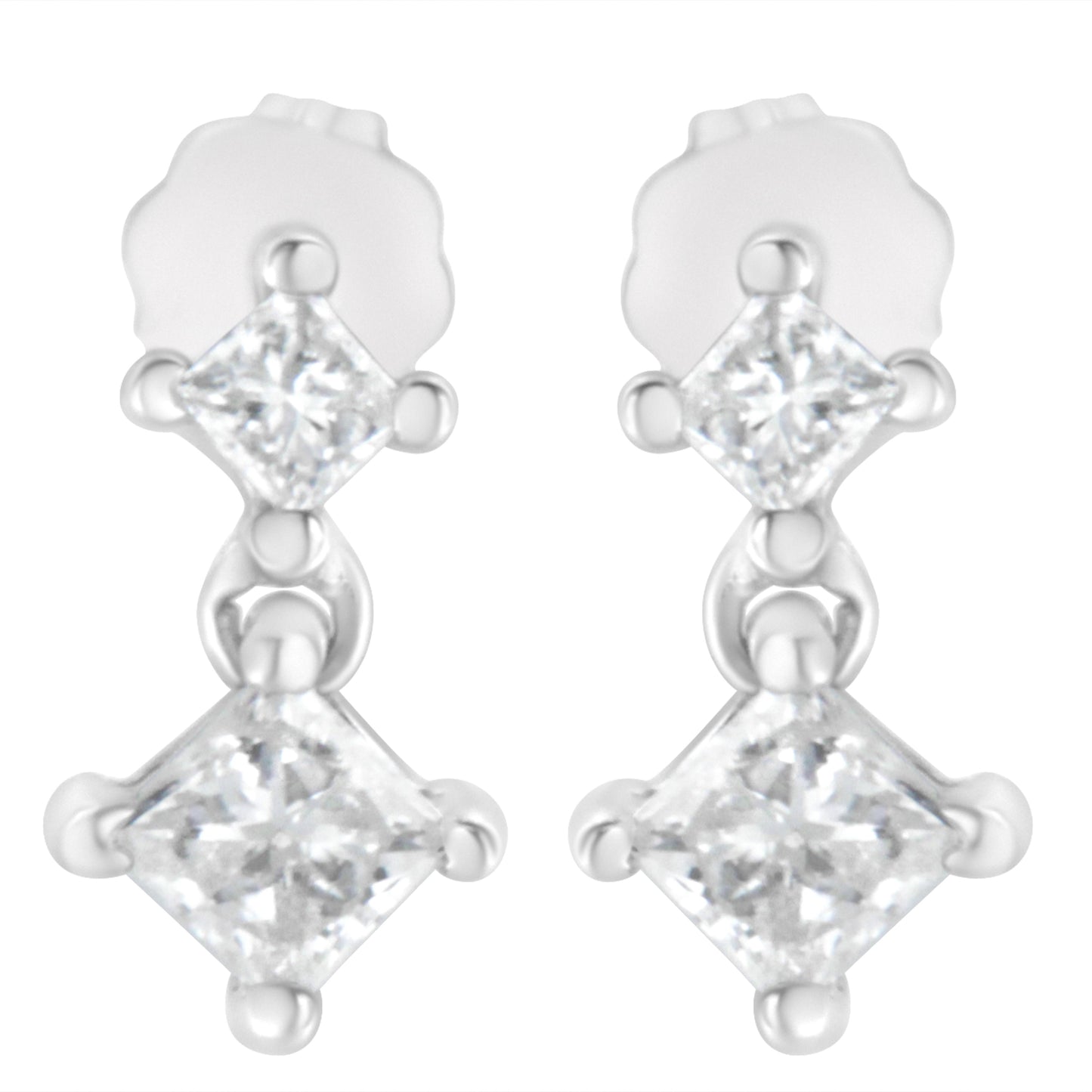 Pendientes de diamante en corte princesa de doble diamante en oro blanco de 14 quilates