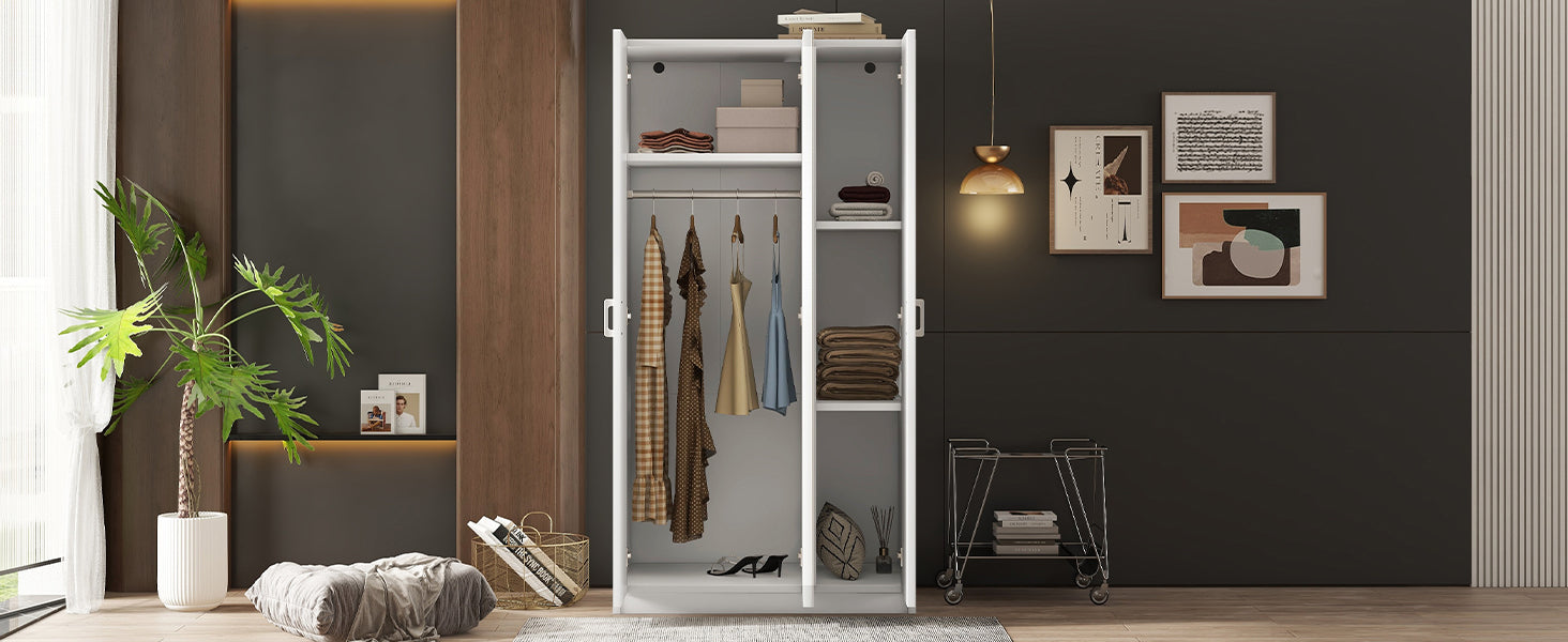 3 Door Wardrobe with Mirror, Armoire with Hanging Rod and 3 Fixed Shelves,White - Korvel