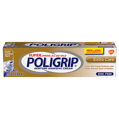 Poligrip Super Denture Adhesive Cream, Extra Care, 1.2 Oz