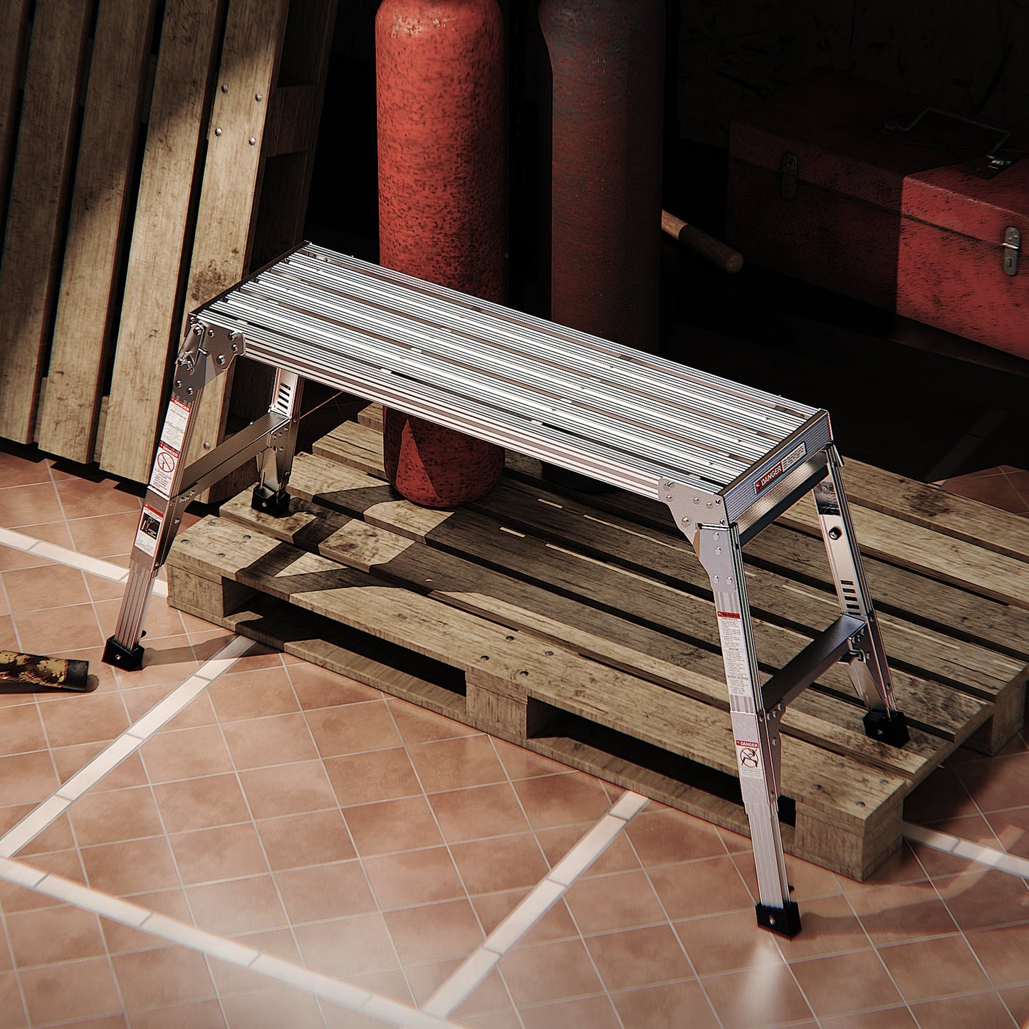 Aluminum Work Platform Large Size Step Stool Folding Portable Work Bench 40" Width Telescopic Feet 22" -27.5" Height Adjustable - Korvel