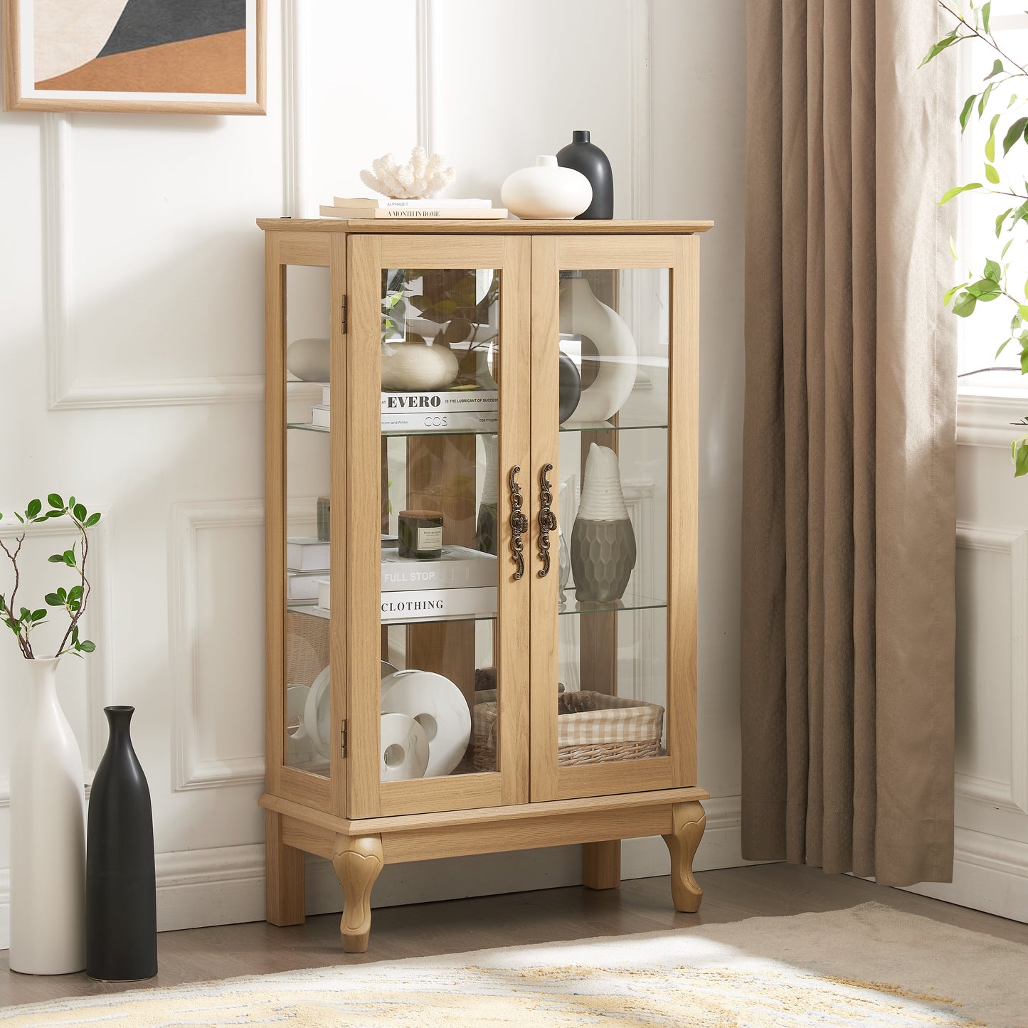 Dual door Curio cabinet with tempered glass doors, mirrored back panel and adjustable shelves, home lighting display cabinet Oak - Korvel