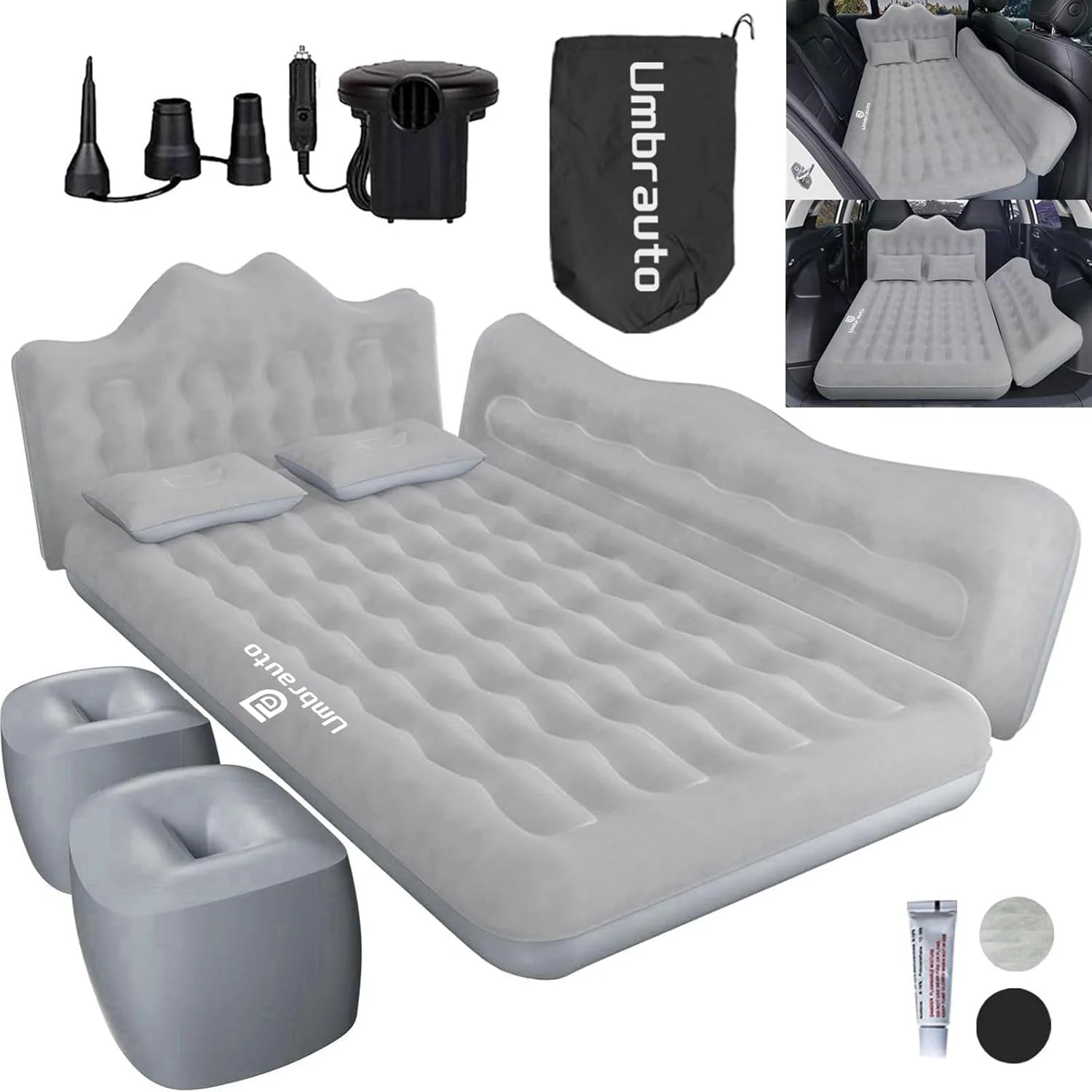 Umbrauto 29.53in/75cm Wide Car Air Mattress – Inflatable SUV, Truck & Van Back Seat Camping Bed with Pump & Pillows, Gray - Korvel