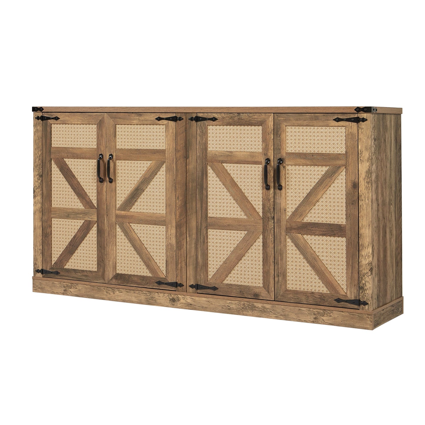 65-Inch Rustic Oak Color Faux Rattan Sideboard, Barn Door Rustic Style Sideboard, Living Room, Entryway, Bedroom - Korvel