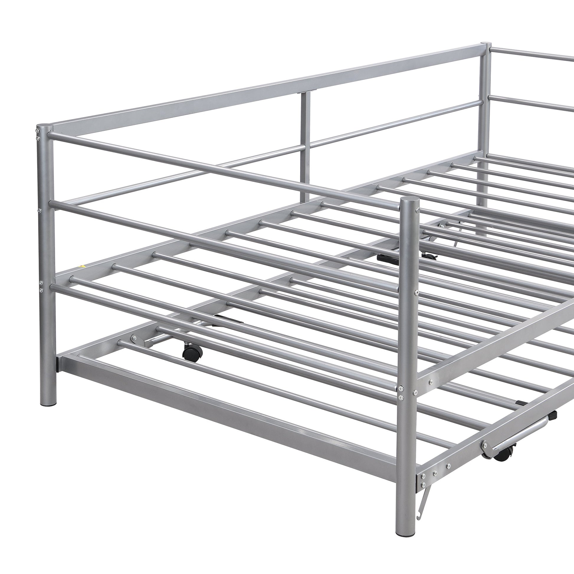 Twin Size Metal Daybed with Adjustable Trundle  Pop Up Trundle  Silver - Korvel