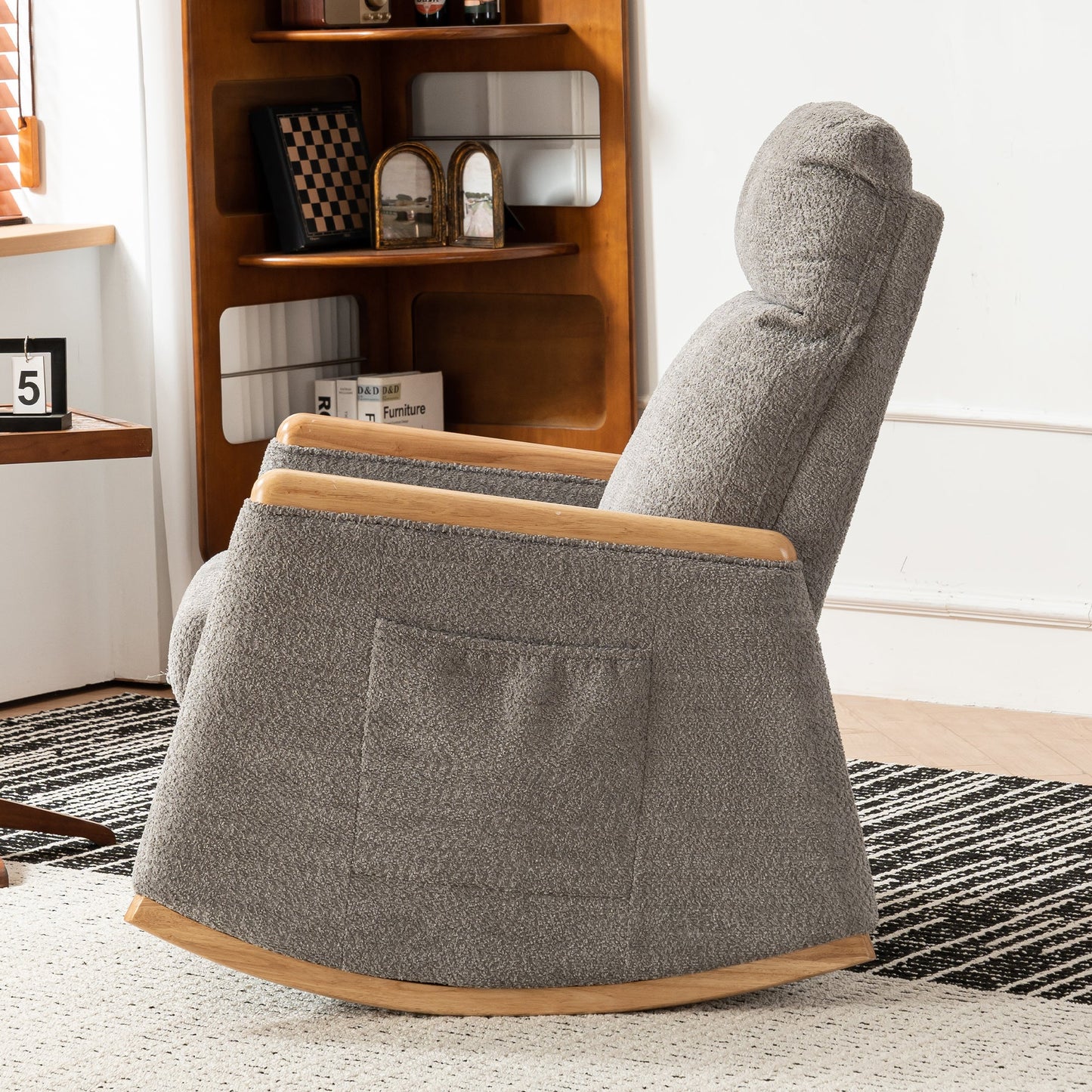 Accent Rocking Chair with Footrest High Back Rubber Wood Rocking Legs Bedroom Living Space 38.6D X 26.8W X 40.6H Inch - Korvel