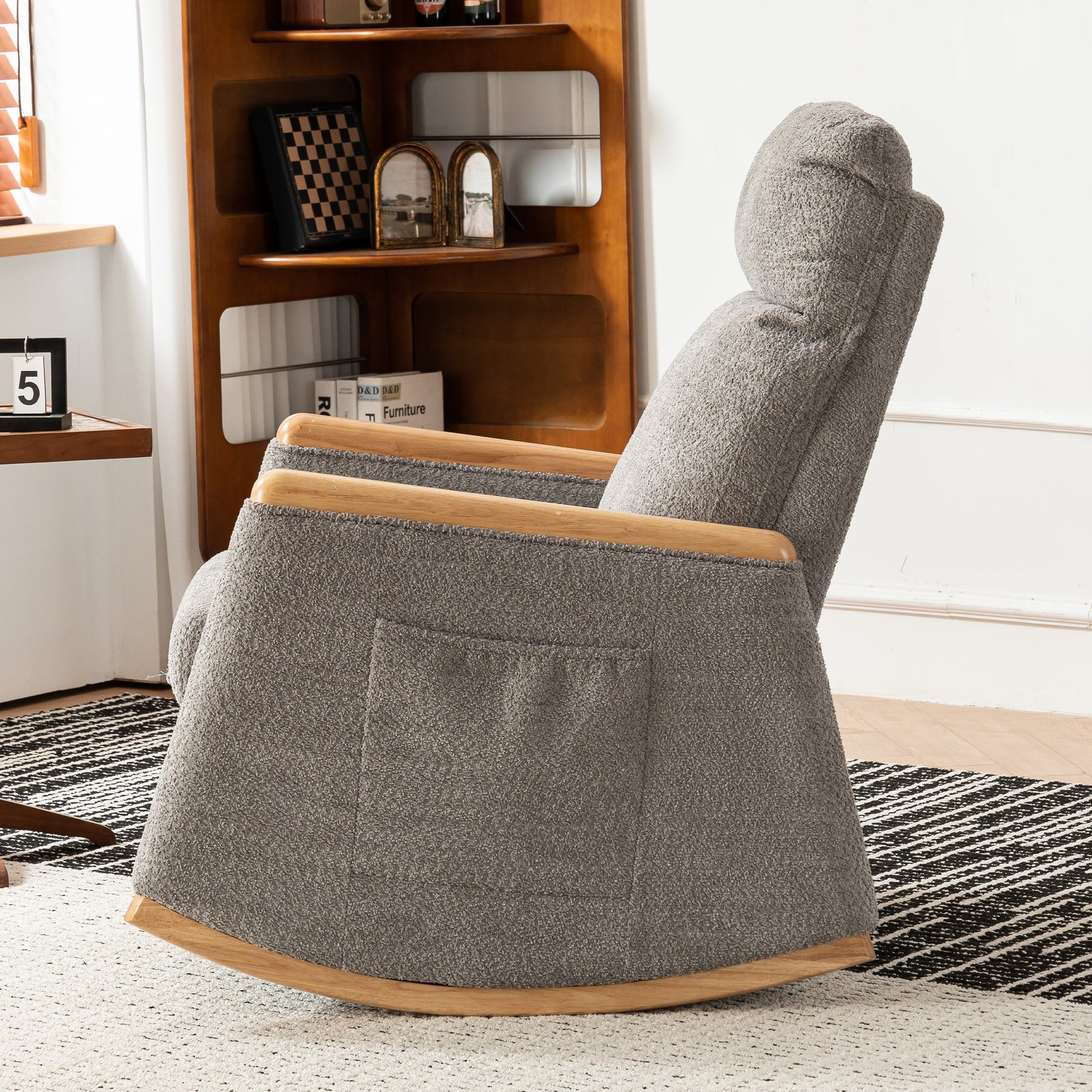 Accent Rocking Chair with Footrest High Back Rubber Wood Rocking Legs Bedroom Living Space 38.6D X 26.8W X 40.6H Inch - Korvel