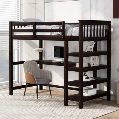 Twin Size Loft Bed with Storage Shelves and Under-bed Desk  Espresso - Korvel