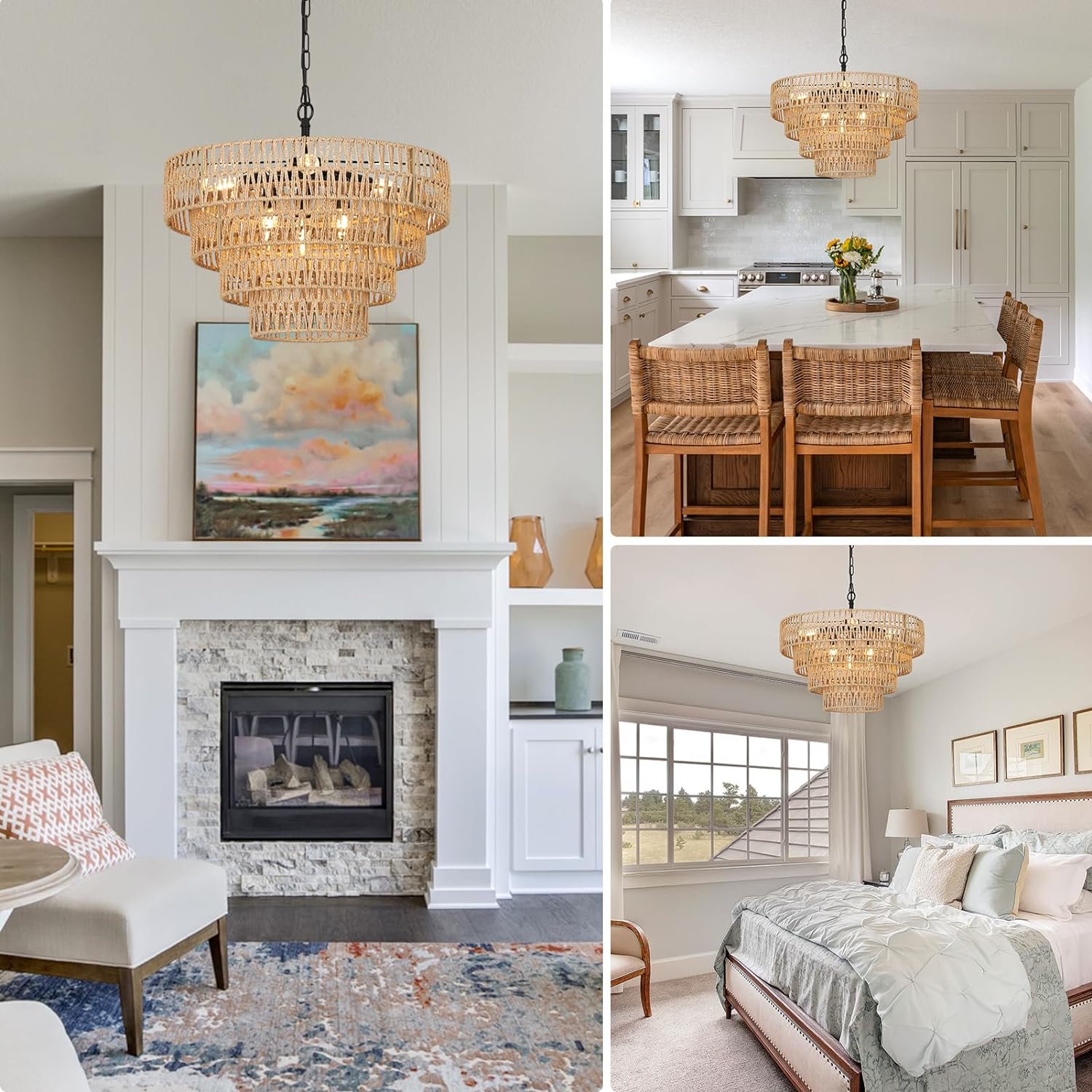 6-Light Dining Room Light Fixture, Wicker Pendant Lighting with 4-Tier Woven Lampshade, Large Farmhouse Chandeliers (20") - Korvel