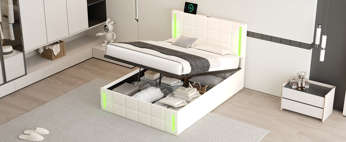 Full Size Upholstered Bed with LED Lights,Hydraulic Storage System and USB Charging Station,White - Korvel