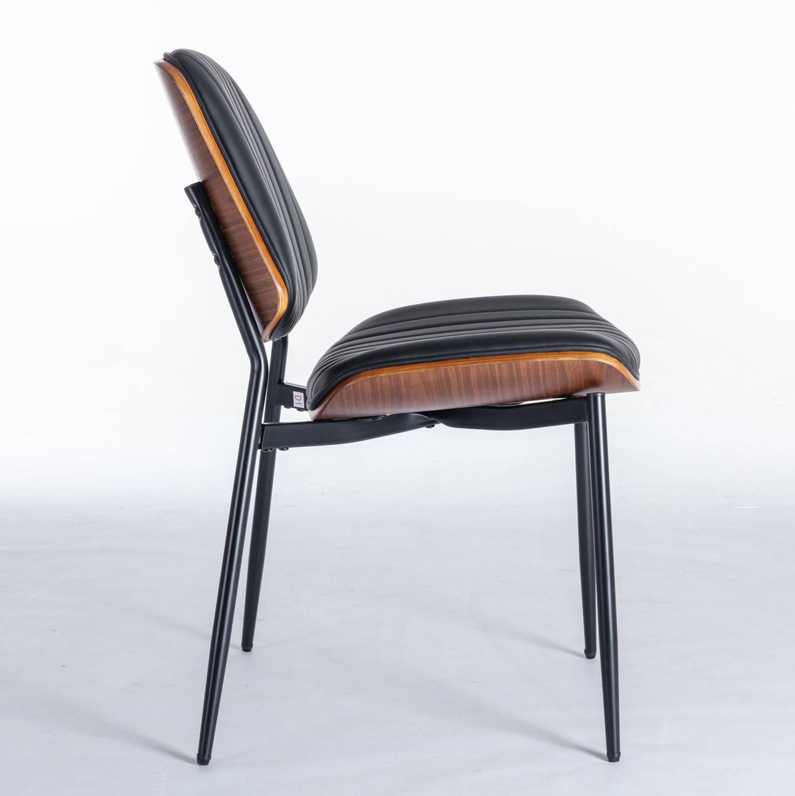 2-piece retro linen chair set with curved wooden backrest, cushioned seat, adjustable metal legs, (Black PU) - Korvel