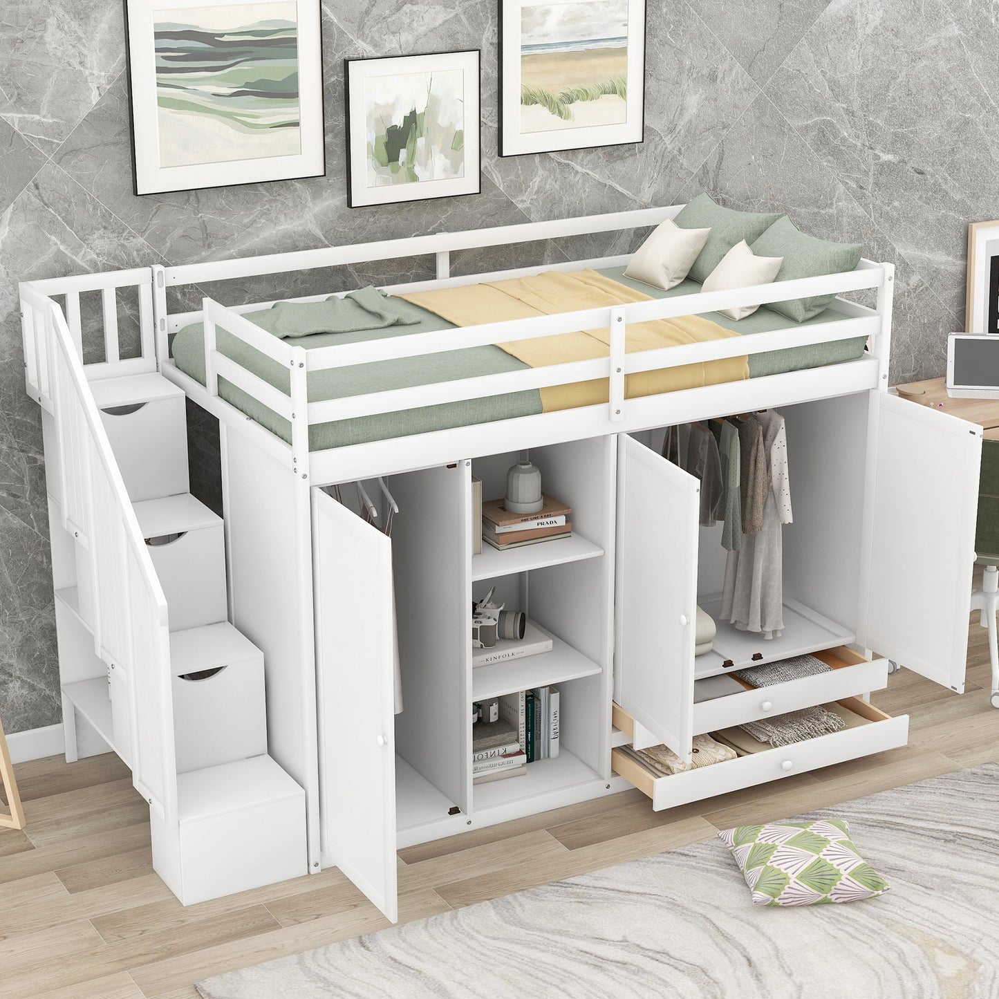 Functional Loft Bed with Storage and Shelves in White