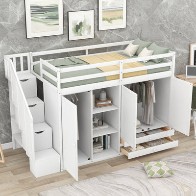 Functional Loft Bed with Storage and Shelves in White