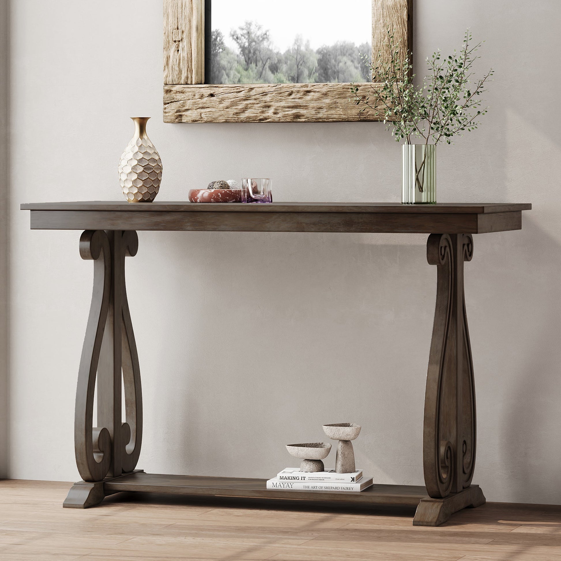 48-Inch Rustic Vintage Console Table --- Farmhouse Style Entryway Table with Open Shelf and Sturdy Construction (Walnut) - Korvel