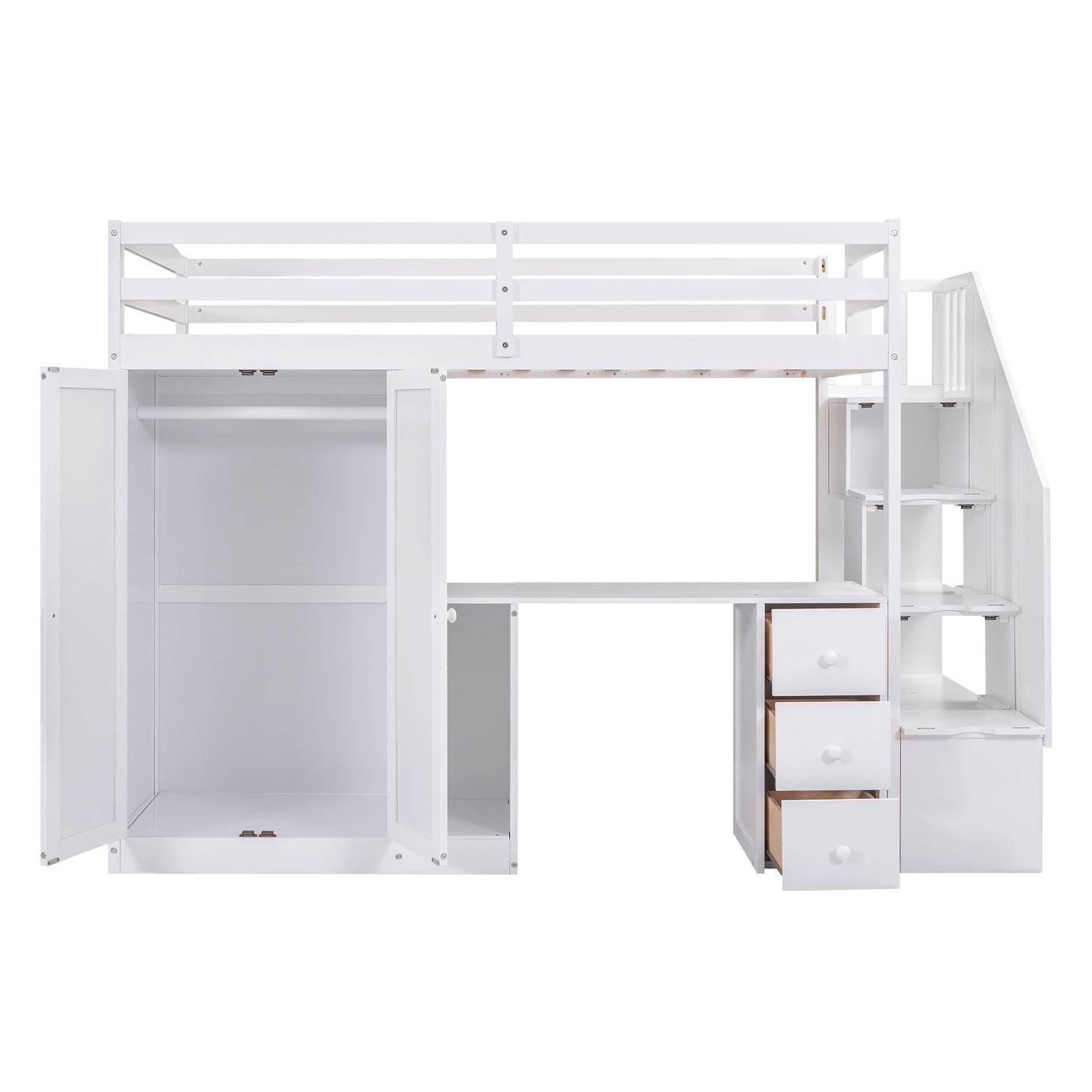Elegant Twin Size Loft Bed with Wardrobe and Desk in White