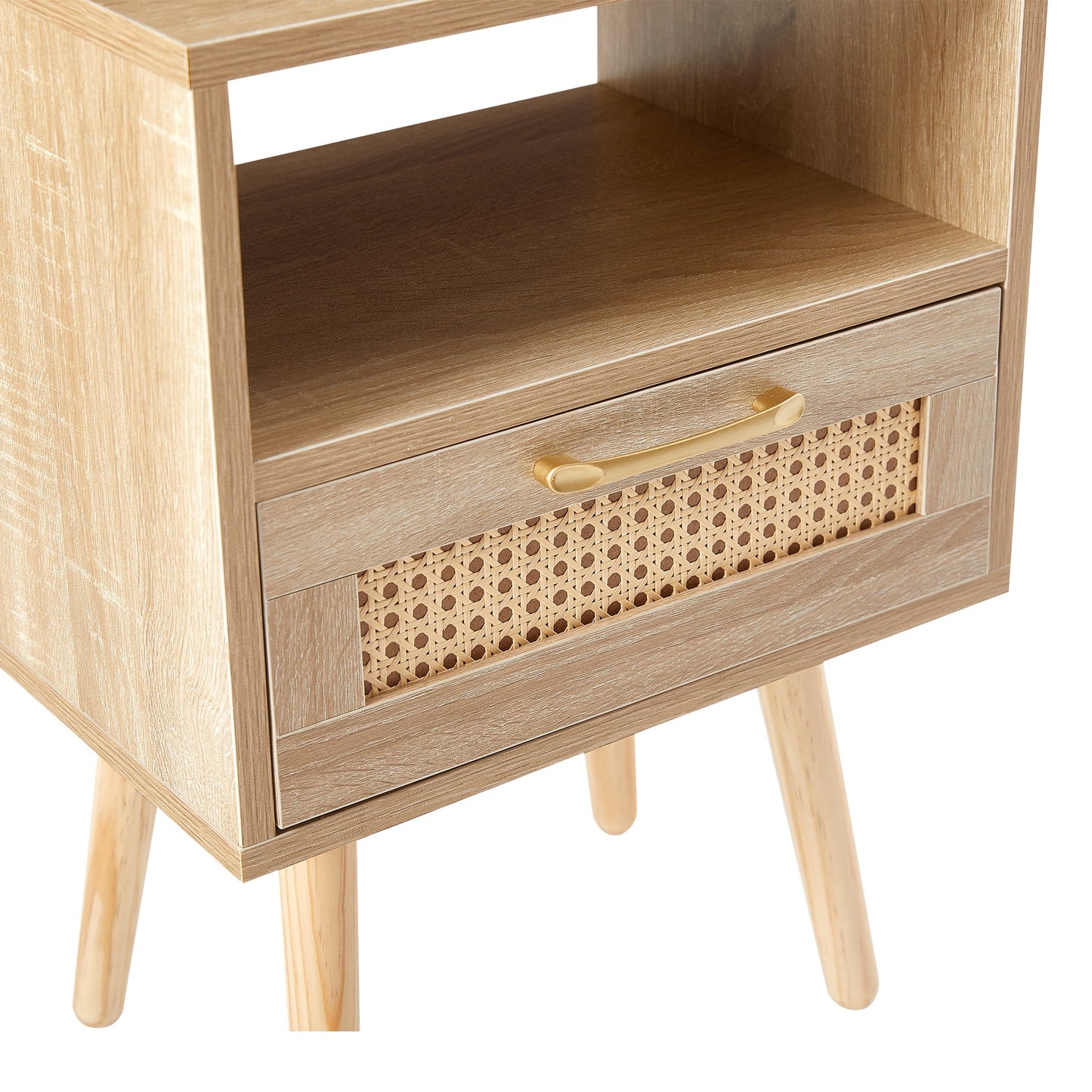 15.75" Rattan End table with drawer and solid wood legs Modern nightstand side table for living room natural - Korvel