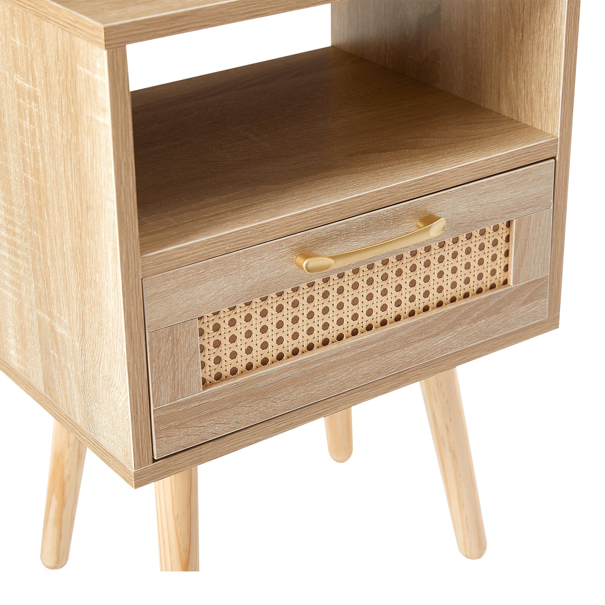 15.75" Rattan End table with drawer and solid wood legs Modern nightstand side table for living room natural - Korvel