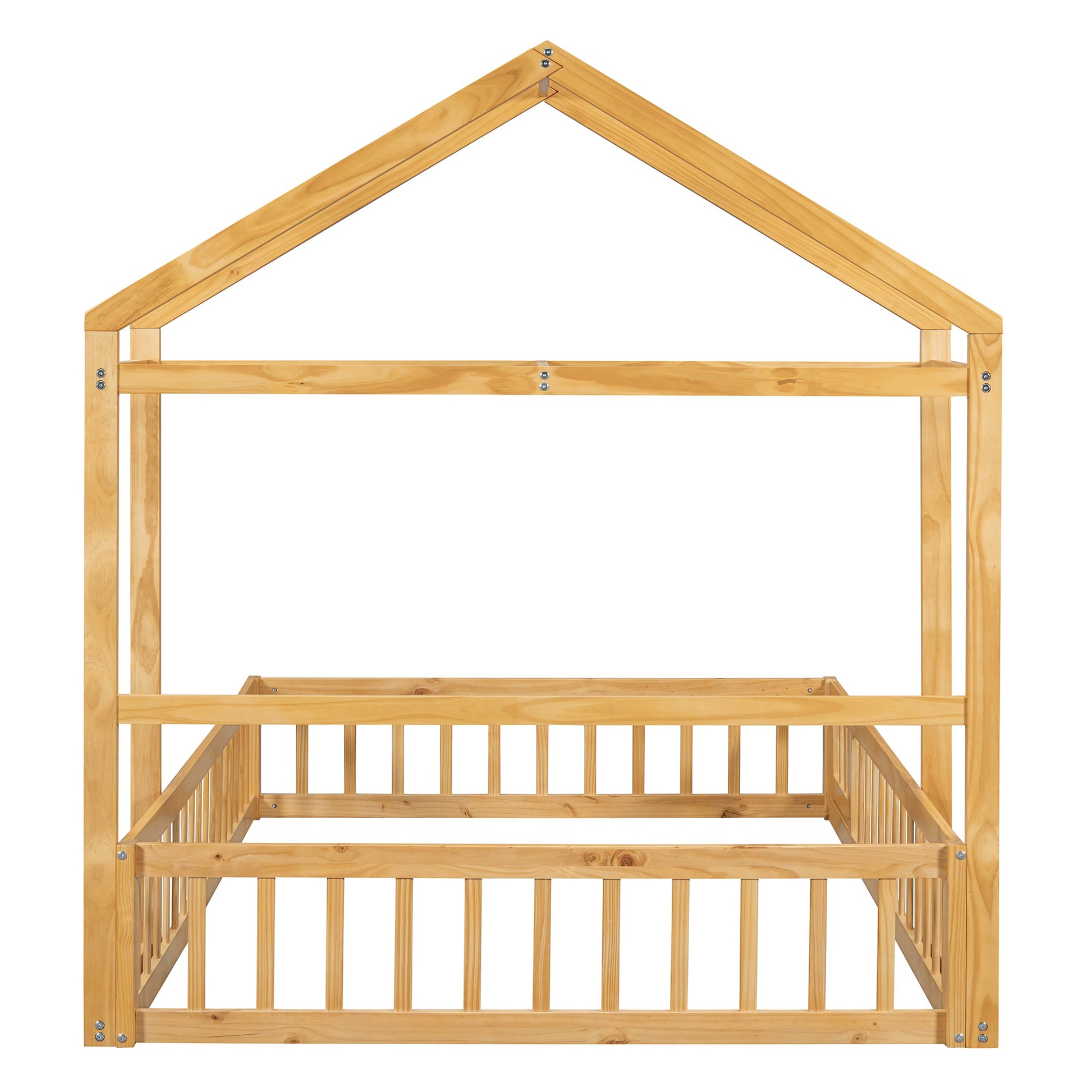Wooden Full Size Children's Bed with Detachable Headboard and Integrated Clothes Drying Rack, Natural - Korvel